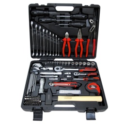 Coffret d'outillage généraliste 1/4'' - 1/2'', 103 pièces
Douilles et accessoires 1/4"-1/2", clés et autres outils
Coffret en matière plastique robuste
Outils en Chrome vanadium de qualité
Finition chromée mat

Composition : 
Cliquets 1/4" et 1/2" 45 dents
Douilles F6 1/4" 4 à 13 mm et 1/2" 14 à 19 mm
Rallonges 1/4" L.50 et 100 mm et 1/2" L.125 mm
Cardans universels 1/4" et 1/2"
Poignée emmanchée 1/4" L.150
Douille porte-embouts et porte-embouts magnétique 1/4"
Adaptateur 1/4"
Embouts 1/4"  Fente 4 à 8 mm / PH0 à PH3/ PZ0 à PZ3
6 pans 1,5 à 8 mm / TORX percé TB7 à TB40
Clés mixtes 8 à 19 mm
Tournevis PZ1-PZ2 et Fente 5 et 6 mm
Clés mâles 6 pans 1,5 à 10 mm
Pinces coupante, universelle et multiprise
Marteau rivoir
Lampe de poche
Cutter et lames
Mètre 5 m x 19 mm