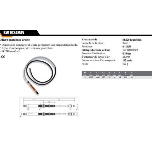 Micro meuleuse droite manfrin 3mm 540000tr/min