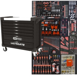 Servante ULTIMATE XL noire 7 tiroirs 462 pièces sur 4 tiroirs - Construction a pans coupes renforcant la structure du bati - Panneau lateral déporté et pré-percé pour fixation de crochet et accessoires - 2 roues fixes grand diamètre pour une meilleure stabilite et un déplacement aise sur tous types de sols - 2 roues pivotantes avec systeme de freinage total - Plan de travail en inox - Tiroirs sur glissieres à billes extra-resistant (45 kg par tiroir) - Tiroirs à ouverture totale - Fermeture totale et simultanee des tiroirs par serrure - Dimension hors tout : L1042xl460xH830 (hauteur avec roues 1020mm - Tiroirs 5 x h 75x L932 x P398mm 2 x h 154x L932 x P398mm 5 modules par tiroirs TIROIR 1 922.1439 Poignée emmanchée ULTIMATE® 1/4'' 920.1400 Cliquet réversible 1/4’’ ULTIMATE 922.1422 Douille porte-embouts ULTIMATE® avec anneau 1/4'' x 1/4'', 25 mm 922.1450 Cardan universel ULTIMATE® 1/4'' 922.1451 Poignée coulissante T ULTIMATE® 1/4'', L.110 mm 922.1452 Rallonge ULTIMATE® 1/4'', L.50 mm 922.1455 Rallonge ULTIMATE® 1/4'', L.100 mm 922.140 Douille 6 pans ULTIMATE® 1/4'', 4-4,5 5-5,5-6-7-8-9-10-11-12-13-14mm 922.142 Douille longue 6 pans ULTIMATE® 1/4'', 6-7-8-9-10-11-12-13mm 922.147 Douille tournevis ULTIMATE® TORX® 1/4'', L.37 mm - T10-T20-T25-T27-T30-T40 922.1478 Douille tournevis ULTIMATE® POZIDRIV® 1/4'', L.37 mm - PZ2 922.1477 Douille tournevis ULTIMATE® POZIDRIV® 1/4'', L.37 mm - PZ1 922.1490 Douille tournevis ULTIMATE® Fente 1/4'', L.37 mm - 75.5-4mm 922.1445 Douille tournevis ULTIMATE® XZN® 1/4'', L.37 mm - M8-m6-m5-m4 922.1461 Douille tournevis 6 pans ULTIMATE® 1/4'', L.37 mm - 3-4-5-6-7-8mm 922.1468 Douille tournevis ULTIMATE® PHILLIPS® 1/4'', L.37 mm - PH1-2-3 922.1440 Rallonge flexible ULTIMATE® 1/4'', L.150 mm 922.3989 Augmentateur ULTIMATE® 3/8'' F - 1/2'' M et bague coulissante 1/2'' 922.1200 Cliquet 72 dents extra plat ULTIMATE® 1/2