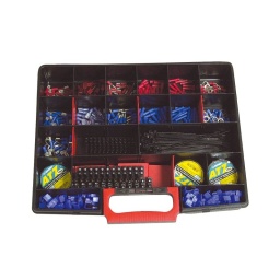Coffret consomable électrique. utilisation automobile
1 organisateur simple cargo 1000
2 adhésifs 6000v 15mm 10m noir
1 adhésif 6000v 15mm 10m rouge
100 colliers nylon 3.6x150
50 connecteurs bleu rapides
25 cosses à oeil mm bleu
25 cosses mâles 6.3x0.8 bleu
25 cosses femm 6.3x0.8 bleu isolées
25 cosses cylindriques mm bleu isolée
25 cosses bout à bout bleu
25 cosses double m/f bleu
25 cosses à oeil mm rouge
25 cosses mâles 6.3x0.8 rouge
25 cosses femm 6.3x0.8 rouge isolées
25 cosses cylindriques mm rouge
25 cosses cylindriques mm rouge isolées
25 cosses bout à bout rouge
6 barrettes 12 plots dominos panaches