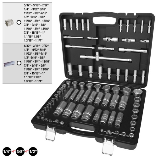 Jeu de clés à douille 1/4'' +3/8'' +1/2'' 82 pcs dimensions en pouces
