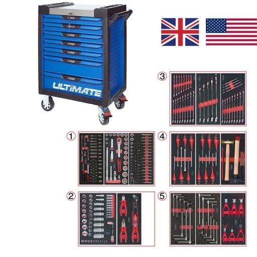 Servante Ultimate bleu 7 tiroirs avec composition 311 outils cote en pouce