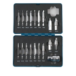 Jeu d'extracteurs pour visserie Torx® et hexagonale, 19 pièces Le jeu comprend : 7 embouts extracteurs à carré de 1/4" x 50 mm de longueur pour visserie hexagonale : 1,5 mm, 2 mm, 2,5 mm, 3 mm, 4 mm, 5 mm, 6 mm. 2 embouts extracteurs de 10 mm x 38 mm de longueur :  8 mm, 10 mm.  7 embouts extracteurs à carré de 1/4" x 50 mm de longueur pour visserie Torx® : T10, T15, T20, T25, T27, T30, T40. 2 embouts extracteurs de 10 mm x 38 mm de longueur : T50, T55. 1 embout adaptateur à carré de 1/2" x 10 mm.