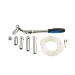 Kit d'outils de purge de freins VAG
Contenu du kit : tuyau, manche de cliquet, tête de cliquet avec clé hexagonale pour la dépose
Applications :  Véhicules VAG
Longueurs de douilles assorties pour différentes applications : 5 x 17 mm 6 pans x 11 mm (12 mm, 39 mm, 60 mm, 70 mm, 85 mm de longueur) et 1 x 17 mm 6 pans x 7 mm (45 mm de longueur)
2 m de tuyau de purge de frein 
Évite la nécessité de déposer et d'installer les roues arrière