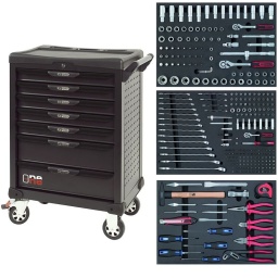 Servante d'atelier ks tools 7 tiroirs
- tiroir ouverture one by one antibasculement
- système fermeture centralisee par serrure
- plan de travail avec range visseries
- 4 roues robustes 125mm (2 directionelles avec freins)
- dimensions :
h 1016 x l 680 x p 455mm triroirs 
6 x h55xl565xp405mm 1 xh205xl565xp405mm charge par tiroirs 45kg
poids vide de la servante 54.5kg
résistance statique 500kg
servante atelier de la marque ks tools. avec noir complet du plus belle effet. parfaite pour une utilisation dans les milieux salissants (garage. industrie...)
Contenu de la composition ECO line :
Tiroir 1 - 1/4" :
Douilles courtes : 4 à 14 mm Douilles longues : 6 à 13 mm 
Douille porte-embouts : 1/4’’ x 1/4’’
Rallonges : 50 et 100 mm Cardan universel
Cliquet 45 dents
Embouts de vissage 5/16"
Embouts de vissage 1/4" 
Tiroir 2 :
Clés mixtes : 6 à 22 mm Tournevis Plats et PHILIPS
Tournevis testeur : 150-250V
Lampe de poche à LEDs
Maillet
Marteau rivoir à manche Hickory : 400g
Burin
Chasse-goupilles brunis octogonaux : 3 à 8 mm Tournevis électroniques
Porte-embouts magnétique L. 50 mm Tournevis porte-embouts magnétique à cliquet
Jeu de 8 clés mâles 6 pans à tête sphérique longues : 2 à 10 mm Douilles courtes 1/2" : 10 à 32 mm Douilles bougies 1/2" : 16 – 21 mm Rallonges 1/2" : 125 et 250 mm Cardan universel 1/2"
Cliquet 45 dents 1/2"
Tiroir 3 :
Lime demi-ronde demi-douce
Cutter 18 mm et paquet de 10 lames de rechange
Monture de scie métallique
Pince universelle
Pince coupante
Pince à bec demi-rond
Pince multiprise gainée 10’
Pince à sertir et cosses
Colliers nylon