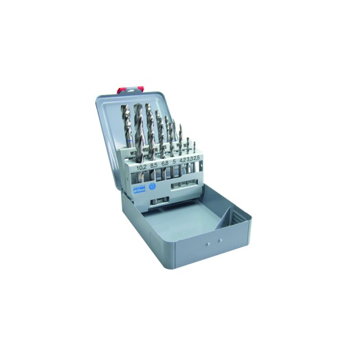 Coffret de 7 tarauds machine bagues vertes h39° + forets application mi-dures inox