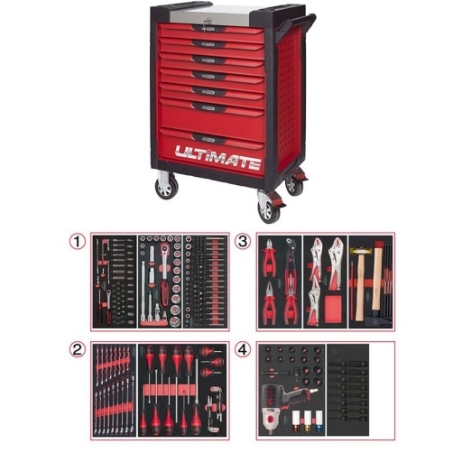 Servante Ultimate rouge 7 tiroirs avec composition 263 outils avec clé choc monster
