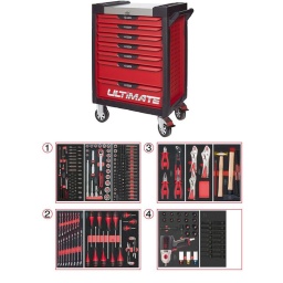 Servante d'atelier 7 tiroirs Ultimate
- Composition 263 outils
Tiroir 1 : Douille 1/4 - douille 1/2 - douille torx femelle et embouts 10mm torx, allen, xzn
Tiroir 2: clés mixtes, tournevis plat, cruciforme
Tiroir 3:pinces, pinces circlips, martellerie
Tiroir 4: clé choc 515.1210 avec douilles chocs, 6 pans mâle, femelle et torx
Servante d'atelier kstools. série ultimate. est le modèle de desserte d'atelier. le plus haut de gamme  de la marque. ks tools. 
les tiroirs de la servante d'atelier ultimate, possedent un système de glissière à roulements à billes (résistance 45kg). Equipé du système "one by one"., ouverture d'un seul tiroir a la fois, vous pouvez deplacer votre servante d'atelier sans forcement l'a fermer a clé !
Les tiroirs de cette servante ont une grande capacité. 40cm de profondeur par 57cm de largeur, tout les tiroirs de cette servante d'atelier sont fournis avec un tapis mousse, a installer au fond. 
Le plan de travail des servantes d'atelier Ultimate est recouvert d'un plateau inox et de boitier "range visserie" sur les cotés,
Au niveau du chassis, les pans de cette servante d'atelier sont perfores, se qui vous permet l'instalation de nombreuses options. tel que. un dérouleur de papier, des crochets de fixations...
Cette gamme  de servante d'atelier repond parfaitement au rangement pour le mécanicien, carrossier, mais aussi pour les métiers de l'industrie (rangement d'outils de tours / fraiseuse...) ainsi que des domaines tel que le medical. l'aéronotique...
- construction a pans coupés renforçant la structure du bati
- système "one by one" antibasculement 
- panneau lateral déporté et pré-percé pour fixation de crochet et accessoires
- 2 roues fixes grand diamètre pour une meilleure stabilite et un déplacement aise sur tous types de sols
- 2 roues pivotantes avec système de freinage total
- plan de travail avec rangements et recouvert inox
- tiroirs sur glissieres à billes extra-resistant (45 kg par tiroir)
- tiroirs à ouverture totale
- fermeture totale et simultanee des tiroirs par serrure 
- poignée tubulaire de manutention
- finition "Ultimate"
Composition :
Module 54 pièces douilles et accessoires 1/4’’ ref : 713.1020  
- Cliquet réversible 72 dents
- 1x Poignée emmanchée 1/4’’
- 2x Rallonges 1/4’’ : L. 50 mm et L. 100 mm
- 1x Rallonge flexible : L. 150 mm
- 1x Poignée coulissante T : L. 115 mm
- 1x Cardan universel 1/4"
- 13x Douilles 1/4’’ : 4 - 4,5 - 5 - 5,5 - 6 - 7 - 8 - 9 - 10 - 11 - 12 - 13 - 14 mm
- 8x Douille longue 1/4" : 6 - 7 - 8 - 9 - 10 - 11 - 12 - 13
- 1x Porte embout 1/4" 
- 3x Embouts de vissage Fente 4 - 5,5 - 8 mm 
- 3x Embouts de vissage PHILLIPS® PH 1 - PH 2 - PH3 
- 2x Embouts de vissage POZIDRIV® PZ 1 - PZ 2 
- 6x Embouts de vissage 6 pans : 3 - 4 - 5 - 6 - 7 - 8  mm
- 7x Embouts de vissage TORX® profil E T10 - T15 - T20 - T25 - T27 - T30 - T40
​- 4x Embouts de vissage 12 pans : M4 - M5 - M6 - M8
Module de douilles et accessoires ULTIMATE 1/2'' , 24 pièces ref : 713.1024 
- 1 x Cliquet réversible 72 dents
- 2 x Rallonges : 125 - 250 mm
- 1 x Cadran universel 1/2"
- 1 x Bague coulissante 3/8" x 1/2"
- 17 x Douilles : 10 - 11 - 12 - 13 - 14 - 15 - 16 - 17 - 18 - 19 - 20 - 21 - 22 - 24 - 27 - 30 - 32 mm
- 2 x Douilles longues : 16 - 21 mm
Module d'embouts de vissage et douilles TORX, 88 pièces ref : 713.5010 
- 5 x Douilles TORX 1/4" : E4 - E5 - E6 - E7 - E8
- 4 x Douilles TORX 3/8" : E10 - E11 - E12 - E14
- 3 x Douilles TORX 1/2" : E16 - E18 - E20
- 1 x Douille porte-embouts 1/4" x 1/4"
- 2 x Douilles porte-embouts : 3/8" - 10 mm et 1/2" - 10 mm
- 1 x Rallonge : 30 mm
- 3 x Embouts de vissage Fente : 25 mm x (5,5 - 6,5 - 8,0 mm)
- 3 x Embouts de vissage PHILLIPS : 25 mm x (PH1 - PH2 - PH3)
- 6 x Embouts de vissage PROZIDRIV : 25 mm x (PZ1 - 2 x PZ2 - 3 x PZ3)
- 3 x Embouts de vissage 6 pans : 25 mm x (4 - 5 - 6 mm)
- 15 x Embouts de vissage TORX percé : 25 mm x (2 x T10 - 3 x T15 - 2 x T20 - 3 x T25 - 3 x T30 - 2 x T40)
- 2 x Embouts de vissage Fente : 30 mm x (8 - 10 mm)
- 2 x Embouts de vissage PHILLIPS : 30 mm x (PH2 - PH3)
- 7 x Embouts de vissage 6 pans : 30 mm x (4 - 5 - 6 - 7 - 8 - 10 - 12 mm)
- 9 x Embouts de vissage TORX percé : 30 mm x (T20 - T25 - T27 - T30 - T40 - T45 - T50 - T55 - T60)
- 5 x Embouts de vissage 12 pans : 30 mm (M5 - bM6 - M10 - M12)
- 5 x Embouts longs 6 pans : 75 mm x (5 - 6 - 7 - 8 - 10 mm)
- 8 x Embouts longs TORX percé : 75 mm x (T20 - T25 - T27 - T30 - T40 - T50 - T55 - T60)
- 4 x Embouts longs 12 pans : 75 mm x (M6 - M8 - M10 - M12)
Module de clés mixtes ULTIMATE, 17 pièces ref : 713.2017  
- 17 x Clés mixtes : 6 - 7 - 8 - 9 - 10 - 11 - 12 - 13 - 14 - 15 - 16 - 17 - 18 - 19 - 20 - 21 - 22 mm
Module de vissage, 28 pièces ref : 712.5028  
- 1 x Tournevis ULTIMATE tom pouce Fente : 6,5 mm
- 3 x Tournevis ULTIMATE Fente : 3,5 - 5,5 - 8 mm
- 1 x Tournevis ULTIMATE tom pouce PHILLIPS : PH2
- 3 x Tournevis ULTIMATE PHILLIPS : PH1 - PH2 - PH3
- 1 x Tournevis ULTIMATE tom pouce PROZIDRIV : PZ2
- 3 x Tournevis ULTIMATE PROZIDRIV : PZ1 - PZ2 - PZ3
- 1 x Jeu de clés mâles 6 pans à tête sphérique longues : 2 - 2,5 - 3 - 4 - 5 - 6 - 8 - 10 mm
- 1 x Jeu de clés mâles TORX longues : T10 - T15 - T20 - T25 - T30 - T40 - T45 - T50 
Module de pinces, 4 pièces ref : 713.4014 
- 1 x Pince coupante diagonale : L. 160 mm
- 1 x Pince universelle : L. 180 mm
- 1 x Pince à bec demi-rond : L. 200 mm
- 1 x Pince multiprises à verrouillage : L. 250 mm
Module de pinces étaux GRIPfix Xtreme, 3 pièces ref : 713.1003 
- 2 x Pinces étaux GRIPfix Xtreme : 175 - 250 mm
- 1 x Pince  étau auto-ajustable à bec long : 150 mm
Module d'outils de frappe manche bois, 9 pièces ref : 713.1101 
- 1 x Burin de carossier extra-plat : 250 mm
- 6 x Chasse goupilles brunis : 3 - 4 - 5 - 6 - 10 mm
- 1 x Marteau rivoir : 600g
- 1 x Maillet à embouts plastique interchangeables : 340g
Module de douilles et clé à chocs pneumatique 1/2'', 20 pièces ref : 712.1020 
- 1x Clé à chocs pneumatique 1/2’’ 1690Nm
- 14x douilles à choc : 12 - 13 - 14 - 15 - 16 - 17 - 18 - 19 - 21 - 22 - 24 - 27 - 30 - 32 mm
- 3x douilles à choc pour jante alu : 17 - 19 - 21 mm
- 1x rallonge à choc 1/2"
- 1x cardan à choc 125mm 
Module de douilles à chocs 1/2'', 16 pièces ref : 713.1016 
- 8 x Douilles tournevis à choc TORX® 1/2’’: T30 - T40 - T45 - T50 - T55 - T60 - T70 - T80
- 8 x Douilles tournevis à choc 6 pans 1/2’’: 5 - 6 - 8 - 10 - 12 - 14 - 17 - 19 mm
- poids 57kg
- dimension hors tout : l678xl459xh859 (hauteur avec roues 1035mm 
- roue dia 125mm larg 50mm 