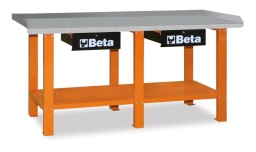 - Plan de travail en tôle vernie avec bord périmétral - Structure en acier avec 6 pieds de support - Capacité de charge statique : 1.200 Kg - Ajout possible de la paroi porte-outils C57P, non fixable au plan de travail. - Deux tiroirs avec serrure. - Prévu pour la fixation au sol.