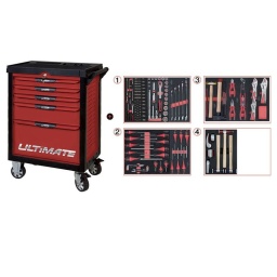 Servante ultimate 5 tiroirs avec composition d'outils pour la carrosserie
ouverture individuelle et totale des tiroirs
système de fermeture centralisee par serrure
glissieres a roulements à billes
perforation normalisee pour fixer des accessoires
tapis mousse dans chaque tiroir
système anti-basculement
4 roues robustes dont 2 directionnelles avec frein
construction et stabilite renforcées grace aux doubles cornières dans les 4 angles
charge maximale par tiroir : 45 kg
caracteristiques techniques
dimensions des tiroirs :
3 x h 55 x l 580 x p 400 mm 1 x h 140 x l 580 x p 400 mm 1 x h 300 x l 580 x p 400 mm poids de la servante a vide : 65.0 kg
composition pour carrossier :
- Cuillère de débosselage. large
- monture pour limes fraisees
- cale à poncer flexible
- jeu de pinces levier en pvc. 5 pièces
- marteau a garnir. 400 g
- maillet bois 100 g - tête dia 40 mm 
- avec manche frêne galbe
- pince à dégrafer . 240 mm - extracteur d'essuie-glace type 1
- marteau a restreindre - panne quadrillée
- marteau de carrossier - bombe
module de vissage. 28 pièces
module de tournevis ultimate torx. 6 pièces
module d'outils de frappe manche bois. 9 pièces
module de pinces. 4 pièces
module de pinces étaux gripfix xtreme. 3 pièces
coffret de débosselage de carrosserie. 7 pièces
module de douilles et accessoires
ultimate 1/4" - 1/2". 78 pièces
module de clés mixtes ultimate. 5 pièces