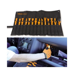 Kit de 27 outils en nylon pour le démontage des plastiques intérieurs. 
aucun endomm gement des éléments au démontage.
le sac pratique pouvant etre suspendu permet une vision globale de tous les outils