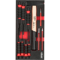Module de marteaux, de burins et de chasse-goupilles 11 pièces
- 7 chasses gouilles
- 1 marteau
- 3 burins
- Dimension 188x393mm