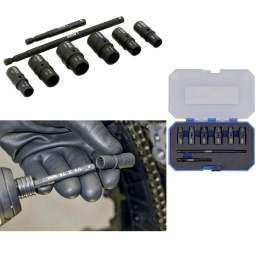 Jeu de six douilles à double extrémité à paroi mince de qualité impact, dans des tailles courantes allant de 8 mm à 15 mm et à carré de 5/16" à 1/2", fournies avec deux rallonges, chacune équipée d'un mandrin rapide, ce qui permet de les utiliser avec des visseuses à percussion et des outils électriques. 
La rallonge de 150 mm associée au corps mince des douilles les rend idéales pour une utilisation dans des endroits confinés. La fonction double extrémité permet de les retourner rapidement et facilement pour passer à la taille suivante, etc.

Jeu de douilles réversibles à paroi mince de qualité impact, profil à 12 pans et carré de 1/4".
Tailles : 8 x 10 mm, 9 x 11 mm, 12 x 14 mm, 13 x 15 mm, 5/16" x 3/8", 7/16" x 1/2".
Également inclus : Rallonges 75 et 150 mm à carré de 1/4" avec mandrin rapide, idéales pour les perceuses sans fil et les perceuses-visseuses.
Qualité impact. En chrome-molybdène.
Ensemble fourni dans une mallette de rangement en plastique avec un plateau amovible en mousse EVA.