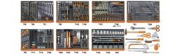 Composition de 212 outils pour la réparation automobile en plateaux thermoformés rigides en ABS
42	clés mixtes 6÷21 mm	
42	clés mixtes 22 - 24 - 27 - 30 - 32 mm	
31	chasse-goupilles Ø 2 - 3 - 4 - 5 - 6 mm	
32	pointeau Ø 4 mm	
55	clés à fourches 6x7 - 8x9 - 10x11 - 12x13 - 14x15 - 16x17 18x19 - 20x22 - 21x23 - 24x26 - 27x29 - 30x32 mm	
96N/SC9	clés mâles 6 pans coudées 1,5 - 2 - 2,5 - 3 - 4 - 5 - 6 - 8 - 10 mm	
920ME	douilles tournevis pour vis 6 pans creux carré femelle 1/2" 5 - 6 - 8 - 10 - 12 mm	
920/21	rallonge - 1/2" 125 mm	
920/22	rallonge - 1/2" 255 mm	
920/25	cardan 1/2"	
920/42	poignée coulissante 1/2"	
920/55	cliquet réversible 1/2" 
920A	douilles 6 pans avec carré conducteur femelle 1/2"  10÷24 - 26 - 27 - 30 - 32 mm	
1032	pinces pour circlips intérieurs à becs droits 180 mm	
1034	pinces pour circlips intérieurs à becs coudés 170 mm	
1036	pinces pour circlips extérieurs à becs droits 175 mm	
1038	pinces pour circlips extérieurs à becs coudés 175 mm	
1032	pinces pour circlips intérieurs à becs droits 140 mm	
1032	pinces pour circlips intérieurs à becs droits 225 mm	
1036	pinces pour circlips extérieurs à becs droits 140 mm	
1036	pinces pour circlips extérieurs à becs droits 225 mm	
1260	tournevis pour vis à fente 3x75 - 3x100 - 4x100 - 4x150 - 5,5x100 - 5,5x150 - 6,5x150 - 8x150 - 10x200 mm	
1260N	tournevis à lame courte pour vis à fente 4x30 - 6,5x30 mm	
1262	tournevis pour vis Phillips® PH0x60 - PH0x100 - PH1x80 - PH1x120 - PH2x100 - PH2x150 -PH3x150 mm	
1262N	tournevis à lame courte pour vis Phillips® PH1x30 - PH2x30 mm	
952	clés à béquille à cardan 7 - 8 - 10 - 12 - 13 - 14 - 17 - 19 mm	
1262L	tournevis à lame longue pour vis Phillips® PH1x400 - PH2x400 mm	
1264L	tournevis à lame longue fraisée pour vis à fente 3x300 - 4x400 - 5x400 mm	
97TTX	tournevis pour vis Torx® T10-T15-T20-T25-T27-T30	
720	douilles à choc carré conducteur femelle 1/2” 10-13-17-18-19-21-22-24-27-30-32 mm	
720/21	Rallonge carrés mâle et femelle 1/2" 125 mm	
720LC	 17-19-21	
920PE	Douille tournevis pour vis 6 pans creux 5L - 6L - 7L - 8L - 10L	
920TX	douilles tournevis pour vis à empreinte Torx® T40L - T45L - T55L - T70L	
920XZN	Douille tournevis pour vis XZN® M6L - M8L - M12L	
1719BMA8/S5	limes demi-douces 200 mm	
1491	clé à sangle pour filtres à huile 110 mm	
1494	Douille carrée pour bouchons de vidange moteur 10 mm	
1494E	Douille mâle 6 pans pour bouchons de vidange moteur 8-9-10-11-12-14-17 mm	
1494Q	Douille mâle carrée pour bouchons de vidange moteur 8-9,5-12-13 mm	
1494T	Douille mâle triangulaire pour bouchons de vidange moteur 
1494XZN	Douille mâle bouchons pour vidange moteur XZN® 
1496/C	Clé de vidange	
35	burins nervurés 100 - 200 mm
1370	marteau de mécanicien 300 g	
1390	maillet à embouts nylon, manche en bois Ø 35 mm	
1048N	Pince multiprise entrepassée 250 mm	
1052	pince - étau à becs droits 240 mm	
1150	pince à becs demi-ronds longs 180 mm	
1166	Pince à becs demi-ronds longs 160 mm	
1084	Pince coupante diagonale à faible effort de coupe 160 mm	
928A	douilles 6 pans 3/4” 22-24-27-30-32-34-36-38-41-46-50 mm	
928/21	rallonge - 3/4" 200 mm	
928/22	rallonge - 3/4" 380 mm	
928/42	poignée coulissante 3/4" 450 mm	
928/55	cliquet réversible 3/4" 
VP6	bac de rangement	
96N	clés mâles 6 pans coudées 13-14-17-19 mm	
111E	Clé à molette à ouverture graduée, chromée 300 mm	
965	pince levier plate coudée	
1112	cisaille type américain coupe droite 250 mm	
1128BMX	ciseaux d’electricien	
1370	marteau de mécanicien 1000 g	
1708/20	jauge d'épaisseur	
1712	doigt magnétique flexible	
1715	miroir d’inspection télescopique	
1717B	grattoir triangulaire 200 mm	
1726	monture de scie à métaux 440 mm	
1737NX	Brosse à bougies en fils de acier	1
1751N	Burette tôle 200 cl	1
1771	cutter à lame sécable 18 mm avec lames