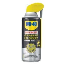 Graisse longue durée WD40 "spécialist"
Aérosol avec le tube plongeur inclinable.
Excellente adherence meme sur supports verticaux.
Lubrifie durablement et evite l'usure.
Forte résistance a l'eau et a la corrosion.
Temperature d'utilisation de -20°C a +115°C.
Recomm nde pour gonds.vis. rideaux métalliques. rails.convoyeurs. chaines. cables. engrenages. roulements. treuils...