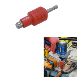 Adaptateur non conducteur avec mandrin rapide à carré de 3/8"
Adaptateur non conducteur qui permet d'utiliser un porte-embouts ou une perceuse-visseuse de 1/4" avec des douilles isolées de 3/8". 
Il n'y a pas de contact métal sur métal entre les extrémités, ce qui permet d'isoler le porte-embout ou la perceuse des douilles. 
Fabriqué selon les normes CEI 60900, pour une utilisation en toute sécurité sur des circuits sous tension jusqu'à 1 000 V CA et 1 500 V CC, idéal pour les électriciens, les électriciens automobiles ou les mécaniciens travaillant sur des véhicules hybrides et électriques.
Conçu pour isoler un porte-embouts des sources de haute tension.
Permet d'utiliser des douilles isolées et des embouts de douilles sur les perceuses-visseuses sans fil, les tournevis sans fil et les tournevis à embouts.
Dimensions : tige hexagonale à mandrin rapide de 1/4" x carré de 3/8". Longueur totale : 75 mm.
Couple maximum : 40 N.m
Fabriqué selon les normes CEI 60900, pour une utilisation en toute sécurité sur des circuits sous tension jusqu'à 1 000 V CA / 1 500 V CC. Matériau : chrome-vanadium (CV6150) ; plastique : PA6+30%GF.