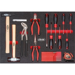 Module marteau, pinces, tournevis, 40 pièces
Marteau, maillet
Tournevis plats 3-4-5,5-6,5mm
- PH0-PH1-PH2
3 pinces
- 6 chasses gouilles
- Dimension 563x393mm