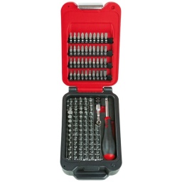 Grande variété d’embouts : tous les embouts utiles à portée de main. 112 embouts qualité supérieure S2, longueur 25 mm. Garantis à la norme NF ISO 1173/DIN 3126. Porte embouts magnétique Autolock. Poignée tournevis // 1 douille porte-embouts. COFFRET : en Polyéthylène Haute Densité (PEHD), ne s’abîment pas aux chocs contrairement aux coffrets métalliques, qu’il est nécessaire de débosseler. Fermoirs métalliques. Mousse bicolore pour un repérage facile des manquants. Mousse haute densité, à cellule fermée, qui ne prend pas l'humidité. Les outils sont calés en douceur. Coffret en PEHD Polyéthylène haute densité, léger et résistant. Dans le couvercle : système de maintien des embouts sur barrettes pivotantes