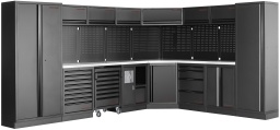 La KRAFTWERK MOBILIO BLACK 8er Coin-combinaison est la solution d'atelier id&eacute;ale pour les artisans professionnels et les bricoleurs ambitieux. 
Avec un total de 14 tiroirs, 10 armoires et divers accessoires, cet ensemble offre une flexibilit&eacute; et un espace de rangement maximaux. 
Pr&eacute;sent&eacute; dans un &eacute;l&eacute;gant noir, cet ensemble est &eacute;galement un v&eacute;ritable accroche-regard. 
Que ce soit des armoires &agrave; tiroirs, un chariot d'atelier ou un porte-rouleaux de papier &ndash; tout est con&ccedil;u pour un confort et une efficacit&eacute; maximaux dans votre atelier.

Utilisation optimale de l'espace de rangement avec armoires et tiroirs
Notre combinaison d'angle dispose d'une combinaison astucieuse d'armoires hautes, d'armoires basses et d'armoires sup&eacute;rieures. 
Un meuble haut d'angle avec amortisseur &agrave; gaz et deux grandes armoires hautes avec plusieurs &eacute;tag&egrave;res offrent amplement d'espace pour les outils et mat&eacute;riaux plus volumineux. 
Les armoires &agrave; tiroirs sont particuli&egrave;rement pratiques, avec un mod&egrave;le &agrave; huit tiroirs et un autre &agrave; quatre tiroirs &ndash; parfaits pour le rangement clair des petits outils et accessoires.

Flexibilit&eacute; gr&acirc;ce &agrave; la construction autonome
La MOBILIO 8er Coin-combinaison se distingue par sa construction autonome. 
Cela signifie qu'aucun montage fixe n'est n&eacute;cessaire, ce qui vous permet une flexibilit&eacute; maximale lors de l'installation. 
Que ce soit dans un coin ou libre dans la pi&egrave;ce &ndash; ce syst&egrave;me d'atelier s'adapte &agrave; vos besoins et peut &ecirc;tre r&eacute;arrang&eacute; si n&eacute;cessaire.

Plans de travail de haute qualit&eacute; en acier inoxydable
Les plans de travail de 38 mm d'&eacute;paisseur de la KRAFTWERK MOBILIO Coin-combinaison sont en acier inoxydable 430 robuste. 
Ce mat&eacute;riau est non seulement durable et r&eacute;sistant, mais offre &eacute;galement une surface de travail id&eacute;ale pour tous les travaux &agrave; r&eacute;aliser. 
Que vous travailliez sur des projets fins ou des machines lourdes &ndash; le plan de travail r&eacute;siste aux exigences les plus s&eacute;v&egrave;res.

Syst&egrave;me de tiroirs innovant avec verrouillage central
Pour la s&eacute;curit&eacute; et l'ordre, des tiroirs &agrave; roulement &agrave; billes de diff&eacute;rentes hauteurs, tous &eacute;quip&eacute;s d'un verrouillage central, sont pr&eacute;sents. 
Chaque tiroir peut &eacute;galement &ecirc;tre verrouill&eacute; individuellement si n&eacute;cessaire. 
Gr&acirc;ce &agrave; la solution One-Key optionnelle, vous avez la possibilit&eacute; de remplacer toutes les serrures ult&eacute;rieurement, de sorte qu'une seule cl&eacute; soit n&eacute;cessaire pour tous les tiroirs.

Accessoires polyvalents et murs perfor&eacute;s
La Coin-combinaison offre &eacute;galement quatre murs perfor&eacute;s carr&eacute;s pour outils, qui assurent une organisation parfaite de vos outils. 
Des accessoires adapt&eacute;s pour les murs perfor&eacute;s &eacute;largissent vos possibilit&eacute;s de rangement optimal. 
De plus, un porte-rouleaux de papier est int&eacute;gr&eacute;, afin que le papier soit toujours &agrave; port&eacute;e de main.

Conclusion : Parfaitement adapt&eacute; &agrave; votre atelier
La KRAFTWERK MOBILIO BLACK 8er Coin-combinaison est un syst&egrave;me d'atelier bien pens&eacute; qui offre une flexibilit&eacute; et un espace de rangement maximaux. 
La qualit&eacute; de fabrication et la construction astucieuse en font une solution indispensable pour tout atelier professionnel. 
Avec des dimensions g&eacute;n&eacute;reuses de B 3820 x H 2000 x T 488 mm, elle offre un espace consid&eacute;rable. 
Gr&acirc;ce &agrave; ses multiples possibilit&eacute;s d'utilisation et &agrave; ses mat&eacute;riaux robustes, la Coin-combinaison est un compagnon fid&egrave;le pour tous les travaux &agrave; r&eacute;aliser.