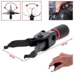 Pour déverrouiller et verrouiller dans les règles de l’art les raccords de conduites de carburant
La pointe spéciale de la pince permet de faire glisser le verrouillage vers l’avant (verrouillage) et vers l’arrière (déverrouillage)
Plus de flexibilité dans l’utilisation grâce aux pointes de pince réglables à 180°
Sans endomager les raccords, les conduites ou les flexibles
Travail rapide et simple sur conduites d'essence
Poignée isolée
Laqué noir
En acier spécial