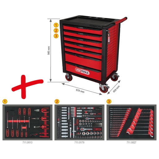 RACINGline Servante d'atelier NOIR/ROUGE avec 7 tiroirs et 215 outils d'excellente qualité