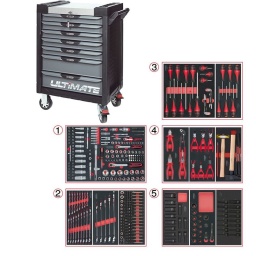 Servante d'atelier 7 tiroirs Ultimate
- Composition 384 outils
Tiroir 1 : Douille 1/4 - Douille 3/8 - Douille 1/2 - douille torx femelle et embouts 10mm torx, allen, xzn (finition mat)
Tiroir 2: clés mixtes - douilles torx femelle emboute 10mm
Tiroir 3: trounevis plats, cruciformes, torx
Tiroir 4: pinces, pinces circlips, martellerie
Trioir 5: douille choc courte, longue, torx, allen
Servante d'atelier kstools. série ultimate. est le modèle de desserte d'atelier. le plus haut de gamme  de la marque. ks tools. 
les tiroirs de la servante d'atelier ultimate, possedent un système de glissière à roulements à billes (résistance 45kg). Equipé du système "one by one"., ouverture d'un seul tiroir a la fois, vous pouvez deplacer votre servante d'atelier sans forcement l'a fermer a clé !
Les tiroirs de cette servante ont une grande capacité. 40cm de profondeur par 57cm de largeur, tout les tiroirs de cette servante d'atelier sont fournis avec un tapis mousse, a installer au fond. 
Le plan de travail des servantes d'atelier Ultimate est recouvert d'un plateau inox et de boitier "range visserie" sur les cotés,
Au niveau du chassis, les pans de cette servante d'atelier sont perfores, se qui vous permet l'instalation de nombreuses options. tel que. un dérouleur de papier, des crochets de fixations...
Cette gamme  de servante d'atelier repond parfaitement au rangement pour le mécanicien, carrossier, mais aussi pour les métiers de l'industrie (rangement d'outils de tours / fraiseuse...) ainsi que des domaines tel que le medical. l'aéronotique...
- construction a pans coupés renforçant la structure du bati
- système "one by one" antibasculement 
- panneau lateral déporté et pré-percé pour fixation de crochet et accessoires
- 2 roues fixes grand diamètre pour une meilleure stabilite et un déplacement aise sur tous types de sols
- 2 roues pivotantes avec système de freinage total
- plan de travail avec rangements et recouvert inox
- tiroirs sur glissieres à billes extra-resistant (45 kg par tiroir)
- tiroirs à ouverture totale
- fermeture totale et simultanee des tiroirs par serrure 
- poignée tubulaire de manutention
- finition "Ultimate"
Composition : 
Module de douilles et accessoires 1/4'' - 3/8'' - 1/2"", 175 pièces ref: 711.1011  finition mat
- 3 x Cliquets 72 dents bi-matière 1/4’’- 3/8’’- 1/2’’
- 1 x Poignée emmanchée traversante 1/4"
- 2 x Rallonges articulée 1/4’’ 50 - 100 mm
- 1 x Rallonge flexible 1/4" 150 mm 
- 1 x T de force 1/4" 110mm
- 1 x Rallonge articulée 3/8’’  150 mm
- 2 x Rallonges articulée 1/2’’ 125 - 250 mm
- 3 x Cardans 1/4’’ - 3/8’’- 1/2’’
- 2 x Réducteur 1/2" F 3/8" m
- 13 x Douilles 1/4" : 4 - 4,5 - 5 - 5,5 - 6 - 7 - 8 - 9 - 10 - 11 - 12 - 13 - 14mm
- 7 x Douilles longues 1/4" : 4 - 5 - 6 - 7 - 8 - 9 - 10 mm 
- 5 x Douilles TORX E 1/4" : E4 - E5 - E6 - E7 - E8
- 4 x Douilles embout fente  1/4" : E4 - E5 - E6 - E7 - E8 mm
- 3 x Douilles embout PHILIPPS 1/4" : PH1 - PH2 (x2)
- 3 x Douilles embout PROZIDRIV 1/4" : PZ1 - PZ2 (x2)
- 4 x Douilles embout 6 pans mâles 1/4" : 3 - 4 - 5 - 6 mm
- 8 x Douilles embout TORX 1/4" : T8 - T9 - T10 - T15 - T20 - T25 - T27 - T30
- 7 x Douilles embout TORX percé 1/4" : T8 - T10 - T15 - T20 - T25 - T27 - T30
- 10 x Douilles 3/8" : 10 - 11 - 12 - 13 - 14 - 15 mm
- 6 x Douilles longues 3/8" : 10 - 11 - 12 - 13 - 14 - 15 mm
- 6 x Douilles TORX 3/8" : E10 - E11 - E12 - E14 - E16 - E18 
- 1 x Douille 6 pans 3/8" : 18 mm
- 18 x  Douilles 1/2" : 10 - 11 - 12 - 13 - 14 - 15 - 16 - 17 - 18 - 19 - 20 - 21 - 22 - 24 - 27 - 30 - 32 - 34 mm 
- 5 x Douilles longues 1/2" : 16 - 17 - 18 - 19 - 22 mm
- 2 x Douilles TORX 1/2" : E20 - E24
- 1 x Douille porte embout : 1/4" x 1/4"
- 2 x Douilles porte embout : 3/8" x 5/16" et 1/2" x 5/16"  
Module de clés mixtes ULTIMATE, 17 pièces ref : 713.2017 
- 17 x Clés mixtes : 6 - 7 - 8 - 9 - 10 - 11 - 12 - 13 - 14 - 15 - 16 - 17 - 18 - 19 - 20 - 21 - 22 mm
Module de clés mixtes ULTIMATE, 5 pièces ref : 713.2015 
- 5 x Clés mixtes : 24 - 27 - 29 - 30 - 32 mm
Module d'embouts de vissage et douilles TORX, 88 pièces ref : 713.5010 
- 5 x Douilles TORX 1/4" : E4 - E5 - E6 - E7 - E8
- 4 x Douilles TORX 3/8" : E10 - E11 - E12 - E14
- 3 x Douilles TORX 1/2" : E16 - E18 - E20
- 1 x Douille porte-embouts 1/4" x 1/4"
- 2 x Douilles porte-embouts : 3/8" - 10 mm et 1/2" - 10 mm
- 1 x Rallonge : 30 mm
- 3 x Embouts de vissage Fente : 25 mm x (5,5 - 6,5 - 8,0 mm)
- 3 x Embouts de vissage PHILLIPS : 25 mm x (PH1 - PH2 - PH3)
- 6 x Embouts de vissage PROZIDRIV : 25 mm x (PZ1 - 2 x PZ2 - 3 x PZ3)
- 3 x Embouts de vissage 6 pans : 25 mm x (4 - 5 - 6 mm)
- 15 x Embouts de vissage TORX percé : 25 mm x (2 x T10 - 3 x T15 - 2 x T20 - 3 x T25 - 3 x T30 - 2 x T40)
- 2 x Embouts de vissage Fente : 30 mm x (8 - 10 mm)
- 2 x Embouts de vissage PHILLIPS : 30 mm x (PH2 - PH3)
- 7 x Embouts de vissage 6 pans : 30 mm x (4 - 5 - 6 - 7 - 8 - 10 - 12 mm)
- 9 x Embouts de vissage TORX percé : 30 mm x (T20 - T25 - T27 - T30 - T40 - T45 - T50 - T55 - T60)
- 5 x Embouts de vissage 12 pans : 30 mm (M5 - bM6 - M10 - M12)
- 5 x Embouts longs 6 pans : 75 mm x (5 - 6 - 7 - 8 - 10 mm)
- 8 x Embouts longs TORX percé : 75 mm x (T20 - T25 - T27 - T30 - T40 - T50 - T55 - T60)
- 4 x Embouts longs 12 pans : 75 mm x (M6 - M8 - M10 - M12) 
Module de vissage, 28 pièces ref : 712.5028  
- 1 x Tournevis ULTIMATE tom pouce Fente : 6,5 mm
- 3 x Tournevis ULTIMATE Fente : 3,5 - 5,5 - 8 mm
- 1 x Tournevis ULTIMATE tom pouce PHILLIPS : PH2
- 3 x Tournevis ULTIMATE PHILLIPS : PH1 - PH2 - PH3
- 1 x Tournevis ULTIMATE tom pouce PROZIDRIV : PZ2
- 3 x Tournevis ULTIMATE PROZIDRIV : PZ1 - PZ2 - PZ3
- 1 x Jeu de clés mâles 6 pans à tête sphérique longues : 2 - 2,5 - 3 - 4 - 5 - 6 - 8 - 10 mm
- 1 x Jeu de clés mâles TORX longues : T10 - T15 - T20 - T25 - T30 - T40 - T45 - T50
Module de tournevis ULTIMATE TORX, 6 pièces ref : 713.5013   
- 6 x Tournevis ULTIMATE TORX : T10 - T15 - T20 - T25 - T30 - T40
Module de pinces, 4 pièces ref : 713.4014  
- 1 x Pince coupante diagonale : L. 160 mm
- 1 x Pince universelle : L. 180 mm
- 1 x Pince à bec demi-rond : L. 200 mm
- 1 x Pince multiprises à verrouillage : L. 250 mm
Module de 6 pinces à Circlips ref : 713.5006   
- 2 x Pinces à joncs extérieur : 10 - 25 mm, 19 - 60 mm
- 1 x Pince extérieur coudée : 16 - 60 mm
- 2 x Pinces intérieur droites : 12 - 25 mm, 19 - 60 mm
- 1 x Pince intérieur coudée : 19 - 60 mm
Module d'outils de frappe manche bois, 9 pièces ref : 713.1101  
- 1 x Burin de carossier extra-plat : 250 mm
- 6 x Chasse goupilles brunis : 3 - 4 - 5 - 6 - 10 mm
- 1 x Marteau rivoir : 600g
- 1 x Maillet à embouts plastique interchangeables : 340g
Module de douilles longues à chocs 1/2'', 13 pièces ref : 713.1030  
- 13 x Douilles à choc 6 pans : 10 - 12 - 13 - 14 - 16 - 17 - 18 - 19 - 21 - 22 - 23 - 24 - 27 mm
Module de douilles à chocs 1/2'', 17 pièces ref : 713.1031  
- 13 x Douilles à choc 1/2’’: 10 - 12 - 13 - 14 - 16 - 17 -18 - 19 - 21 - 22 - 23 - 24 - 27 mm
- 2 x Réducteur à choc : 3/4"F x 1/2"M - 1/2’’F x 3/4’’M
- 1 x Augmentateur à choc 1/2’’
- 1 x Rallonge à choc 1/2’’: 125 mm
Module de douilles à chocs 1/2'', 16 pièces ref : 713.1016  
- 8 x Douilles tournevis à choc TORX® 1/2’’: T30 - T40 - T45 - T50 - T55 - T60 - T70 - T80
- 8 x Douilles tournevis à choc 6 pans 1/2’’: 5 - 6 - 8 - 10 - 12 - 14 - 17 - 19 mm
- poids 57kg
- dimension hors tout : l678xl459xh859 (hauteur avec roues 1035mm 
- roue dia 125mm larg 50mm 