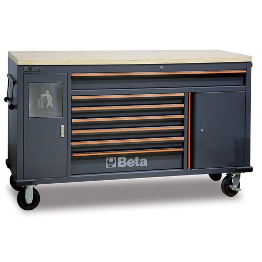 Servante d'atelier 7 tiroirs plateau bois compartiment poubelle intégré C45PRO MWS/W
