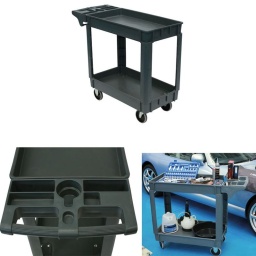 Chariot utilitaire à deux niveaux en matériau composite non conducteur. D'une capacité de charge maximale de 250 kg, ce chariot équipé de roulettes est idéal pour le transport et le stockage faciles d'outils dans divers environnements, notamment garages et ateliers.

Capacité de charge max. : 250 kg. Dimensions hors tout : 1 030 x 430 x 835 mm.
Roulettes de 125 mm, 2 fixes et 2 pivotantes, et poignée moulée facilitant la manœuvrabilité.
2 tablettes : 750 x 390 mm avec rail latéral de 70 mm de profondeur pour la sécurisation du contenu. Le dégagement de la tablette inférieure de 550 mm permet de stocker des articles plus volumineux.
Cinq sections de rangement plus petites supplémentaires, idéales pour les fixations, les consommables ou les petits outils à main, ainsi qu'un porte-gobelet.
Couleur : gris. En plastique composite non conducteur (recyclé à 75 %). Fourni emballé à plat avec instructions pour un assemblage facile. Chariot de taille supérieure disponible - voir la référence Laser 8090