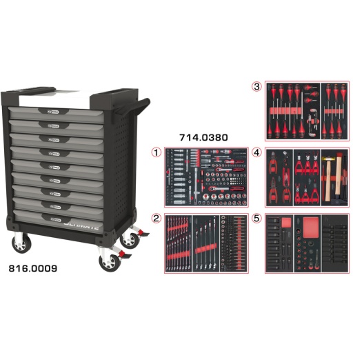 Servante ULTIMATE grise et noire 9 tiroirs équipée de 384 outils