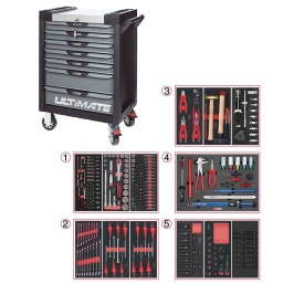 Servante d'atelier 7 tiroirs Ultimate
- Composition 283 outils
Tiroir 1 : Douille 1/4 - douille 1/2 - douille torx femelle et embouts 10mm torx, allen, xzn
Tiroir 2: clés mixtes, tournevis plat, cruciforme, torx
Tiroir 3:pinces, , martellerie, outil de vidange
Tiroir 4: module pneumaticien avec clé dynamon 20-200Nm
Trioir 5: douille choc 1/2 courte, longue, torx et 6 pans mâle
Servante d'atelier kstools. série ultimate. est le modèle de desserte d'atelier. le plus haut de gamme  de la marque. ks tools. 
les tiroirs de la servante d'atelier ultimate, possedent un système de glissière à roulements à billes (résistance 45kg). Equipé du système "one by one"., ouverture d'un seul tiroir a la fois, vous pouvez deplacer votre servante d'atelier sans forcement l'a fermer a clé !
Les tiroirs de cette servante ont une grande capacité. 40cm de profondeur par 57cm de largeur, tout les tiroirs de cette servante d'atelier sont fournis avec un tapis mousse, a installer au fond. 
Le plan de travail des servantes d'atelier Ultimate est recouvert d'un plateau inox et de boitier "range visserie" sur les cotés,
Au niveau du chassis, les pans de cette servante d'atelier sont perfores, se qui vous permet l'instalation de nombreuses options. tel que. un dérouleur de papier, des crochets de fixations...
Cette gamme  de servante d'atelier repond parfaitement au rangement pour le mécanicien, carrossier, mais aussi pour les métiers de l'industrie (rangement d'outils de tours / fraiseuse...) ainsi que des domaines tel que le medical. l'aéronotique...
- construction a pans coupés renforçant la structure du bati
- système "one by one" antibasculement 
- panneau lateral déporté et pré-percé pour fixation de crochet et accessoires
- 2 roues fixes grand diamètre pour une meilleure stabilite et un déplacement aise sur tous types de sols
- 2 roues pivotantes avec système de freinage total
- plan de travail avec rangements et recouvert inox
- tiroirs sur glissieres à billes extra-resistant (45 kg par tiroir)
- tiroirs à ouverture totale
- fermeture totale et simultanee des tiroirs par serrure 
- poignée tubulaire de manutention
- finition "Ultimate"
Composition :
Module 54 pièces douilles et accessoires 1/4’’ ref : 713.1020    
- Cliquet réversible 72 dents
- 1x Poignée emmanchée 1/4’’
- 2x Rallonges 1/4’’ : L. 50 mm et L. 100 mm
- 1x Rallonge flexible : L. 150 mm
- 1x Poignée coulissante T : L. 115 mm
- 1x Cardan universel 1/4"
- 13x Douilles 1/4’’ : 4 - 4,5 - 5 - 5,5 - 6 - 7 - 8 - 9 - 10 - 11 - 12 - 13 - 14 mm
- 8x Douille longue 1/4" : 6 - 7 - 8 - 9 - 10 - 11 - 12 - 13
- 1x Porte embout 1/4" 
- 3x Embouts de vissage Fente 4 - 5,5 - 8 mm 
- 3x Embouts de vissage PHILLIPS® PH 1 - PH 2 - PH3 
- 2x Embouts de vissage POZIDRIV® PZ 1 - PZ 2 
- 6x Embouts de vissage 6 pans : 3 - 4 - 5 - 6 - 7 - 8  mm
- 7x Embouts de vissage TORX® profil E T10 - T15 - T20 - T25 - T27 - T30 - T40
​- 4x Embouts de vissage 12 pans : M4 - M5 - M6 - M8
Module de douilles et accessoires ULTIMATE 1/2'' , 24 pièces ref : 713.1024 
- 1 x Cliquet réversible 72 dents
- 2 x Rallonges : 125 - 250 mm
- 1 x Cadran universel 1/2"
- 1 x Bague coulissante 3/8" x 1/2"
- 17 x Douilles : 10 - 11 - 12 - 13 - 14 - 15 - 16 - 17 - 18 - 19 - 20 - 21 - 22 - 24 - 27 - 30 - 32 mm
- 2 x Douilles longues : 16 - 21 mm
Module d'embouts de vissage et douilles TORX, 88 pièces ref : 713.5010 
- 5 x Douilles TORX 1/4" : E4 - E5 - E6 - E7 - E8
- 4 x Douilles TORX 3/8" : E10 - E11 - E12 - E14
- 3 x Douilles TORX 1/2" : E16 - E18 - E20
- 1 x Douille porte-embouts 1/4" x 1/4"
- 2 x Douilles porte-embouts : 3/8" - 10 mm et 1/2" - 10 mm
- 1 x Rallonge : 30 mm
- 3 x Embouts de vissage Fente : 25 mm x (5,5 - 6,5 - 8,0 mm)
- 3 x Embouts de vissage PHILLIPS : 25 mm x (PH1 - PH2 - PH3)
- 6 x Embouts de vissage PROZIDRIV : 25 mm x (PZ1 - 2 x PZ2 - 3 x PZ3)
- 3 x Embouts de vissage 6 pans : 25 mm x (4 - 5 - 6 mm)
- 15 x Embouts de vissage TORX percé : 25 mm x (2 x T10 - 3 x T15 - 2 x T20 - 3 x T25 - 3 x T30 - 2 x T40)
- 2 x Embouts de vissage Fente : 30 mm x (8 - 10 mm)
- 2 x Embouts de vissage PHILLIPS : 30 mm x (PH2 - PH3)
- 7 x Embouts de vissage 6 pans : 30 mm x (4 - 5 - 6 - 7 - 8 - 10 - 12 mm)
- 9 x Embouts de vissage TORX percé : 30 mm x (T20 - T25 - T27 - T30 - T40 - T45 - T50 - T55 - T60)
- 5 x Embouts de vissage 12 pans : 30 mm (M5 - bM6 - M10 - M12)
- 5 x Embouts longs 6 pans : 75 mm x (5 - 6 - 7 - 8 - 10 mm)
- 8 x Embouts longs TORX percé : 75 mm x (T20 - T25 - T27 - T30 - T40 - T50 - T55 - T60)
- 4 x Embouts longs 12 pans : 75 mm x (M6 - M8 - M10 - M12)
Module de clés mixtes ULTIMATE, 17 pièces ref : 713.2017  
- 17 x Clés mixtes : 6 - 7 - 8 - 9 - 10 - 11 - 12 - 13 - 14 - 15 - 16 - 17 - 18 - 19 - 20 - 21 - 22 mm 
Module de tournevis ULTIMATE Fente - POZIDRIV, 6 pièces ref : 713.5016  
- 4 x Tournevis ULTIMATE Fente : 4 - 5,5 - 6,5 - 8 mm
- 2 x Tournevis ULTIMATE PROZIDRIV : PZ1 - PZ2
Module de tournevis ULTIMATE TORX, 6 pièces ref : 713.5013  
- 6 x Tournevis ULTIMATE TORX : T10 - T15 - T20 - T25 - T30 - T40
Module de pinces, 4 pièces ref : 713.4014
- 1 x Pince coupante diagonale : L. 160 mm 
- 1 x Pince universelle : L. 180 mm
- 1 x Pince à bec demi-rond : L. 200 mm
- 1 x Pince multiprises à verrouillage : L. 250 mm
Module d'outils de frappe manche bois, 9 pièces ref : 713.1101  
- 1 x Burin de carossier extra-plat : 250 mm
- 6 x Chasse goupilles brunis : 3 - 4 - 5 - 6 - 10 mm
- 1 x Marteau rivoir : 600g
- 1 x Maillet à embouts plastique interchangeables : 340g
Module 13 pièces spécial vidange auto ref : 150.9300  
- 6 x Embouts universels pour bouchons de vidange 4 pans : 8 mm - 3/8’’ - 11 mm - 13 mm
- 6 pans : 5/16’’ - 3/8’’- 10 mm - 12 mm - 14 mm - 17 mm - 1/2’’
- 1 x Douille longue 21 mm
- 2 x Douilles tournevis 3/8’’ T40 - T45
- 1 x Poignée coulissante pour rallonges 3/8’’ 250 mm
- 1 x Clé à filtre à huile à sangle Ø 65 - 110 mm
- 1 x Clé à filtre à huile 3 bras Ø 63 - 102 mm
- 1 x Adaptateur 1/2’’- 3/8’’
Module 16 pièces spécial démontage roues ref : 815.1195  
- 1 x Clé dynamométrique 1/2’’ 20 - 200 Nm
- 1 x Carré d’entraînement bouton mat 1/2’’ mat
- 1 x Démonte pneu finition mat, 370 mm
- 1 x Tire-valve, 310 mm
- 1 x Démonte-obus dynamométrique 0,25 Nm
- 1 x Démonte-obus dynamométrique 0,50 Nm
- 1 x Double démonte-obus 1 x Levier spécial enjoliveur
- 1 x Burin en plastique flexible
- 1 x Pince à ressort pour masse d’équilibrage
- 1 x Douille longue à choc 15 mm revêtement ABS
- 1 x Douille longue à choc 17 mm revêtement ABS
- 1 x Douille longue à choc 19 mm revêtement ABS
- 1 x Douille longue à choc 21 mm revêtement ABS
- 1 x Douille longue à choc 22 mm revêtement ABS
- 1 x Pince spéciale démonte cache écrou
Module de douilles longues à chocs 1/2'', 13 pièces ref : 713.1030  
- 13 x Douilles à choc 6 pans : 10 - 12 - 13 - 14 - 16 - 17 - 18 - 19 - 21 - 22 - 23 - 24 - 27 mm
Module de douilles à chocs 1/2'', 17 pièces ref : 713.1031  
- 13 x Douilles à choc 1/2’’: 10 - 12 - 13 - 14 - 16 - 17 -18 - 19 - 21 - 22 - 23 - 24 - 27 mm
- 2 x Réducteur à choc : 3/4"F x 1/2"M - 1/2’’F x 3/4’’M
- 1 x Augmentateur à choc 1/2’’
- 1 x Rallonge à choc 1/2’’: 125 mm 
Module de douilles à chocs 1/2'', 16 pièces ref : 713.1016  
- 8 x Douilles tournevis à choc TORX® 1/2’’: T30 - T40 - T45 - T50 - T55 - T60 - T70 - T80
- 8 x Douilles tournevis à choc 6 pans 1/2’’: 5 - 6 - 8 - 10 - 12 - 14 - 17 - 19 mm
- poids 57kg
- dimension hors tout : l678xl459xh859 (hauteur avec roues 1035mm 
- roue dia 125mm larg 50mm 