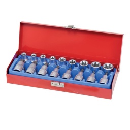 Coffret 17 pièces 1/2
Composition:
8 douilles-tournevis 1/2 Torx: T27, T30, T40, T45, T50, T55, T60, T70
9 douilles 1/2 E-Torx: E10, E12, E14, E16, E18, E20, E22, E24