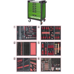 Servante d'atelier 7 tiroirs Ultimate
- Composition 425 outils
Tiroir 1 : Douille 1/4 - Douille 3/8 - Douille 1/2 - douille torx femelle et embouts 10mm torx, allen, xzn (finition mat)
Tiroir 2:  douilles torx femelle embout 10mm, douille choc alle et torx, module de rangement
Tiroir 3: clés mixtes, clés mixtes cliquets réversibles
Tiroir 4: tournevis plat, cruciforme, torx
Trioir 5: pinces, pinces circlips, martellerie
Tiroir 6 : douille automobile, clé choc 515.1210 et douilles chocs
Servante d'atelier kstools. série ultimate. est le modèle de desserte d'atelier. le plus haut de gamme  de la marque. ks tools. 
les tiroirs de la servante d'atelier ultimate, possedent un système de glissière à roulements à billes (résistance 45kg). Equipé du système "one by one"., ouverture d'un seul tiroir a la fois, vous pouvez deplacer votre servante d'atelier sans forcement l'a fermer a clé !
Les tiroirs de cette servante ont une grande capacité. 40cm de profondeur par 57cm de largeur, tout les tiroirs de cette servante d'atelier sont fournis avec un tapis mousse, a installer au fond. 
Le plan de travail des servantes d'atelier Ultimate est recouvert d'un plateau inox et de boitier "range visserie" sur les cotés,
Au niveau du chassis, les pans de cette servante d'atelier sont perfores, se qui vous permet l'instalation de nombreuses options. tel que. un dérouleur de papier, des crochets de fixations...
Cette gamme  de servante d'atelier repond parfaitement au rangement pour le mécanicien, carrossier, mais aussi pour les métiers de l'industrie (rangement d'outils de tours / fraiseuse...) ainsi que des domaines tel que le medical. l'aéronotique...
- construction a pans coupés renforçant la structure du bati
- système "one by one" antibasculement 
- panneau lateral déporté et pré-percé pour fixation de crochet et accessoires
- 2 roues fixes grand diamètre pour une meilleure stabilite et un déplacement aise sur tous types de sols
- 2 roues pivotantes avec système de freinage total
- plan de travail avec rangements et recouvert inox
- tiroirs sur glissieres à billes extra-resistant (45 kg par tiroir)
- tiroirs à ouverture totale
- fermeture totale et simultanee des tiroirs par serrure 
- poignée tubulaire de manutention
- finition "Ultimate"
Composition : 
Module de douilles et accessoires 1/4'' - 3/8'' - 1/2"", 175 pièces ref : 711.1011  finition mat 
- 3 x Cliquets 72 dents bi-matière 1/4’’- 3/8’’- 1/2’’
- 1 x Poignée emmanchée traversante 1/4"
- 2 x Rallonges articulée 1/4’’ 50 - 100 mm
- 1 x Rallonge flexible 1/4" 150 mm 
- 1 x T de force 1/4" 110mm
- 1 x Rallonge articulée 3/8’’  150 mm
- 2 x Rallonges articulée 1/2’’ 125 - 250 mm
- 3 x Cardans 1/4’’ - 3/8’’- 1/2’’
- 2 x Réducteur 1/2" F 3/8" m
- 13 x Douilles 1/4" : 4 - 4,5 - 5 - 5,5 - 6 - 7 - 8 - 9 - 10 - 11 - 12 - 13 - 14mm
- 7 x Douilles longues 1/4" : 4 - 5 - 6 - 7 - 8 - 9 - 10 mm 
- 5 x Douilles TORX E 1/4" : E4 - E5 - E6 - E7 - E8
- 4 x Douilles embout fente  1/4" : E4 - E5 - E6 - E7 - E8 mm
- 3 x Douilles embout PHILIPPS 1/4" : PH1 - PH2 (x2)
- 3 x Douilles embout PROZIDRIV 1/4" : PZ1 - PZ2 (x2)
- 4 x Douilles embout 6 pans mâles 1/4" : 3 - 4 - 5 - 6 mm
- 8 x Douilles embout TORX 1/4" : T8 - T9 - T10 - T15 - T20 - T25 - T27 - T30
- 7 x Douilles embout TORX percé 1/4" : T8 - T10 - T15 - T20 - T25 - T27 - T30
- 10 x Douilles 3/8" : 10 - 11 - 12 - 13 - 14 - 15 mm
- 6 x Douilles longues 3/8" : 10 - 11 - 12 - 13 - 14 - 15 mm
- 6 x Douilles TORX 3/8" : E10 - E11 - E12 - E14 - E16 - E18 
- 1 x Douille 6 pans 3/8" : 18 mm
- 18 x  Douilles 1/2" : 10 - 11 - 12 - 13 - 14 - 15 - 16 - 17 - 18 - 19 - 20 - 21 - 22 - 24 - 27 - 30 - 32 - 34 mm 
- 5 x Douilles longues 1/2" : 16 - 17 - 18 - 19 - 22 mm
- 2 x Douilles TORX 1/2" : E20 - E24
- 1 x Douille porte embout : 1/4" x 1/4"
- 2 x Douilles porte embout : 3/8" x 5/16" et 1/2" x 5/16"
Module d'embouts de vissage et douilles TORX, 88 pièces    ref 713.5010
- 5 x Douilles TORX 1/4" : E4 - E5 - E6 - E7 - E8
- 4 x Douilles TORX 3/8" : E10 - E11 - E12 - E14
- 3 x Douilles TORX 1/2" : E16 - E18 - E20
- 1 x Douille porte-embouts 1/4" x 1/4"
- 2 x Douilles porte-embouts : 3/8" - 10 mm et 1/2" - 10 mm
- 1 x Rallonge : 30 mm
- 3 x Embouts de vissage Fente : 25 mm x (5,5 - 6,5 - 8,0 mm)
- 3 x Embouts de vissage PHILLIPS : 25 mm x (PH1 - PH2 - PH3)
- 6 x Embouts de vissage POZIDRIV : 25 mm x (PZ1 - 2 x PZ2 - 3 x PZ3)
- 3 x Embouts de vissage 6 pans : 25 mm x (4 - 5 - 6 mm)
- 15 x Embouts de vissage TORX percé : 25 mm x (2 x T10 - 3 x T15 - 2 x T20 - 3 x T25 - 3 x T30 - 2 x T40)
- 2 x Embouts de vissage Fente : 30 mm x (8 - 10 mm)
- 2 x Embouts de vissage PHILLIPS : 30 mm x (PH2 - PH3)
- 7 x Embouts de vissage 6 pans : 30 mm x (4 - 5 - 6 - 7 - 8 - 10 - 12 mm)
- 9 x Embouts de vissage TORX percé : 30 mm x (T20 - T25 - T27 - T30 - T40 - T45 - T50 - T55 - T60)
- 5 x Embouts de vissage 12 pans : 30 mm (M5 - bM6 - M10 - M12)
- 5 x Embouts longs 6 pans : 75 mm x (5 - 6 - 7 - 8 - 10 mm)
- 8 x Embouts longs TORX percé : 75 mm x (T20 - T25 - T27 - T30 - T40 - T50 - T55 - T60)
- 4 x Embouts longs 12 pans : 75 mm x (M6 - M8 - M10 - M12)
Module de douilles à chocs 1/2'', 16 pièces ref : 713.1016  
- 8 x Douilles tournevis à choc TORX® 1/2’’: T30 - T40 - T45 - T50 - T55 - T60 - T70 - T80
- 8 x Douilles tournevis à choc 6 pans 1/2’’: 5 - 6 - 8 - 10 - 12 - 14 - 17 - 19 mm
Module vide 1/3 - 1 compartiment ref : 713.1300  
Module de clés mixtes ULTIMATE, 17 pièces   ref 713.2017  
- 17 x Clés mixtes : 6 - 7 - 8 - 9 - 10 - 11 - 12 - 13 - 14 - 15 - 16 - 17 - 18 - 19 - 20 - 21 - 22 mm
Module de clés mixtes ULTIMATE, 5 pièces ref : 713.2015   
- 5 x Clés mixtes : 24 - 27 - 29 - 30 - 32 mm
Module de clés mixtes à cliquet réversible GEARplus avec adaptateurs, 16 pièces ref : 713.2027 
- 12 x Clés mixtes : 8 - 9 - 10 - 11 - 12 - 13 - 14 - 15 - 16 - 17 - 18 - 19 mm
- 1 x Adaptateur pour embout de vissage : 1/4"
- 3 x Adaptateurs à verrouillage pour douilles : 1/4" - 3/8" - 1/2"
Module de vissage, 28 pièces ref : 712.5028  
- 1 x Tournevis ULTIMATE tom pouce Fente : 6,5 mm
- 3 x Tournevis ULTIMATE Fente : 3,5 - 5,5 - 8 mm
- 1 x Tournevis ULTIMATE tom pouce PHILLIPS : PH2
- 3 x Tournevis ULTIMATE PHILLIPS : PH1 - PH2 - PH3
- 1 x Tournevis ULTIMATE tom pouce PROZIDRIV : PZ2
- 3 x Tournevis ULTIMATE PROZIDRIV : PZ1 - PZ2 - PZ3
- 1 x Jeu de clés mâles 6 pans à tête sphérique longues : 2 - 2,5 - 3 - 4 - 5 - 6 - 8 - 10 mm
- 1 x Jeu de clés mâles TORX longues : T10 - T15 - T20 - T25 - T30 - T40 - T45 - T50
Module de tournevis ULTIMATE TORX, 6 pièces ref : 713.5013  
- 6 x Tournevis ULTIMATE TORX : T10 - T15 - T20 - T25 - T30 - T40
Module de pinces, 4 pièces ref : 713.4014  
- 1 x Pince coupante diagonale : L. 160 mm
- 1 x Pince universelle : L. 180 mm
- 1 x Pince à bec demi-rond : L. 200 mm
- 1 x Pince multiprises à verrouillage : L. 250 mm 
Module de 6 pinces à Circlips ref : 713.5006  
- 2 x Pinces à joncs extérieur : 10 - 25 mm, 19 - 60 mm
- 1 x Pince extérieur coudée : 16 - 60 mm
- 2 x Pinces intérieur droites : 12 - 25 mm, 19 - 60 mm
- 1 x Pince intérieur coudée : 19 - 60 mm
Module d'outils de frappe manche bois, 9 pièces ref : 713.1101 
- 1 x Burin de carossier extra-plat : 250 mm
- 6 x Chasse goupilles brunis : 3 - 4 - 5 - 6 - 10 mm
- 1 x Marteau rivoir : 600g
- 1 x Maillet à embouts plastique interchangeables : 340g
Module d'embouts longs pour la mécanique 1/4" - 1/2", 38 pièces ref : 712.5038 
- 5 x Embout 6 pans Extérieur 1/2’’ 55 mm x (14 - 17 - 19 - 22 - 24 mm) 
- 3 x Embout 6 pans Extérieur 140 mm x (10 - 11 - 13 mm)
- 1 x Embout 1/2’’ 6 pans Extérieur 160 mm x (5 mm)
- 1 x Embout 1/2’’ 6 pans Extérieur 240 mm x (7 mm)
- 1 x Embout TORX® 1/2’’ 110 mm x (T80)
- 6 x Embout 1/2’’ TORX® 140 mm x (T40 - T45 - T50 - T55 - T60 - T70)
- 1 x Embout 1/2’’ TORX® 300 mm x (T30)
- 2 x Embout XZN® 1/2’’ 110 mm x (M9 - M16)
- 3 x Embout 1/2’’ XZN® 140 mm x (M10 - M12 - M14)
- 1 x Embout percé XZN® 1/2’’ 55 mm x (M16) 
- 1 x Embout renforcé RIBE® 1/2’’ 100 mm x (M9) 
- 3 x Embout renforcé 1/2’’ RIBE® 240 mm x (M7 - M8 - M10)
- 1 x Embout renforcé XZN® 1/2’’ 75 mm x (M18) 
- 9 x Embout TORX Profil E 1/4’’ : TS10 - TS15 - TS20 - TS25 - TS27 - TS30 - TS40 - TS45 - TS50
Module de douilles et clé à chocs pneumatique 1/2'', 20 pièces ref : 712.1020  
- 1x Clé à chocs pneumatique 1/2’’ 1690Nm
- 14x douilles à choc : 12 - 13 - 14 - 15 - 16 - 17 - 18 - 19 - 21 - 22 - 24 - 27 - 30 - 32 mm
- 3x douilles à choc pour jante alu : 17 - 19 - 21 mm
- 1x rallonge à choc 1/2"
- 1x cardan à choc 125mm
- poids 57kg
- dimension hors tout : l678xl459xh859 (hauteur avec roues 1035mm 
- roue dia 125mm larg 50mm 