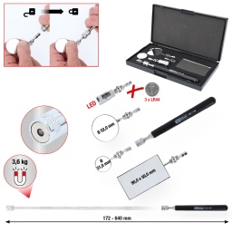 Pour le contr&ocirc;le optique et la recherche de pannes
Poign&eacute;e de maintien avec fonction t&eacute;lescopique 172,0 - 640,0&nbsp;mm
Avec aimants lumineux rempla&ccedil;ables jusqu&rsquo;&agrave; 3,6&nbsp;kg et 3&nbsp;miroirs flexibles diff&eacute;rents
Double articulation
3 batteries LR44 1,5V inclues
Dans son coffret robuste en mati&egrave;re plastique
