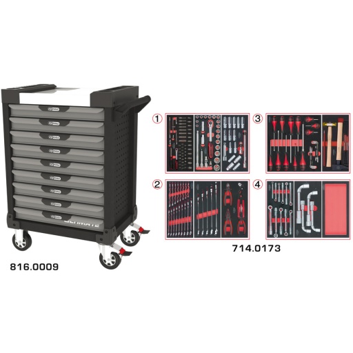 Servante ULTIMATE grise et noire 9 tiroirs équipée de 173 outils