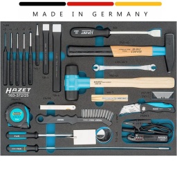 Module marteau outil de frappe, accessoires 25 pièces Hazet
Dimensions / longueur : 519 mm x 392mm
612N-10X11-Clé polygonale double ∙ ouverte Profil à 6 pans extérieurs ∙ 10 x 11 mm	
666-5-Jauge de profondeur de profil des pneus	
730-3-Burin plat 18 mm	
730-6-Burin plat 24 mm	
746-1-Pointeau	
748B-3-Chasse-goupilles 3 mm	
748B-4-Chasse-goupilles 4 mm	
748B-5-Chasse-goupilles 5 mm	
748B-6-Chasse-goupilles 6 mm	
748B-8-Chasse-goupilles 8 mm	
824-Grattoir plat Profil plat ∙ 0.5 x 23 mm	
1952-40-Massette en matière plastique 40 mm	
1976-2-Aimant flexible 8 mm	
1977-2/4-Jeu de miroirs télescopiques 740 mm	
2140-40-Marteau de mécanicien BluGuard	
2147MS-Jauge d'épaisseur 0,05 – 1,0	
2152N/3-Kit électronique 3 x ∙ Nombre d'outils : 3	
2154N-5-Mètre à rubans	
2157-1-Couteau pliant	
4968-2-Brosse pour étrier de frein
