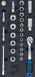 Royalement équipé, pour les mécaniciens, artisans et bricoleurs exigeantsAvec douilles pour clé, six pans Pro Torque® en version courteCliquet réversible de haute qualité à denture fine avec 90 dents, levier d’inversion noyé, poignée ergonomique à deux composants et déverrouillage rapide pour un changement d’outil rapideContient également divers autres éléments accessoires, tels que rallonges, poignée rotative et articulation à cardanPour recouvrir différents types de raccords filetés, même à des endroits difficiles d’accèsAvec moletageDouilles, rallonges, cliquet réversible, articulation à cardan et poignée rotative fabriqués en acier chrome-vanadiumBarquette en mousse dure robuste de haute qualitéles outils sont rangés dans les compartiments de l’insert en mousse dure qui les protège contre tout déplacementchaque outil a sa place individuelle correspondantepour toutes les servantes d’atelier BGSÉtendue de la livraison1 Douille pour clé, six pans | 10 mm (3/8") | 6 mm 1 Douille pour clé, six pans | 10 mm (3/8") | 7 mm1 Douille pour clé, six pans | 10 mm (3/8") | 8 mm1 Douille pour clé, six pans | 10 mm (3/8") | 9 mm1 Douille pour clé, six pans | 10 mm (3/8") | 10 mm (Art. 10610)1 Douille pour clé, six pans | 10 mm (3/8") | 11 mm (Art. 10611)1 Douille pour clé, six pans | 10 mm (3/8") | 12 mm (Art. 10612)1 Douille pour clé, six pans | 10 mm (3/8") | 13 mm (Art. 10613)1 Douille pour clé, six pans | 10 mm (3/8") | 14 mm (Art. 10614)1 Douille pour clé, six pans | 10 mm (3/8") | 15 mm (Art. 10615)1 Douille pour clé, six pans | 10 mm (3/8") | 16 mm (Art. 10616)1 Douille pour clé, six pans | 10 mm (3/8") | 17 mm (Art. 10617)1 Douille pour clé, six pans | 10 mm (3/8") | 18 mm (Art. 10618)1 Douille pour clé, six pans | 10 mm (3/8") | 19 mm (Art. 10619)1 Douille pour clé, six pans | 10 mm (3/8") | 20 mm 1 Douille pour clé, six pans | 10 mm (3/8") | 21 mm1 Douille pour clé, six pans | 10 mm (3/8") | 22 mm1 Douille pour clé, six pans | 10 mm (3/8") | 24 mm1 Douille de bougie six pans | 10 mm (3/8") | 16 mm (Art. 2471)1 Douille de bougie six pans | 10 mm (3/8") | 21 mm1 Rallonge | 10 mm (3/8") | 50 mm (Art. 296)1 Rallonge | 10 mm (3/8") | 75 mm (Art. 294)1 Rallonge | 10 mm (3/8") | 150 mm (Art. 295)1 Adaptateur de poignée coulissante pour rallonges | 10 mm (3/8") (Art. 288)1 Articulation à cardans | 10 mm (3/8") (Art. 299)1 Cliquet réversible | à denture fine | 12,5 mm (1/2") (Art. 632)