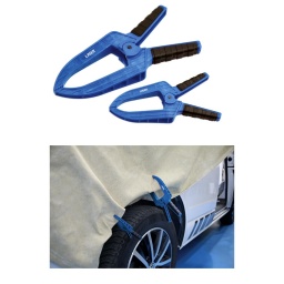 Jeu de 4 pinces en plastique renforc&eacute; de fibre de verre, chacune dot&eacute;e d'une large gorge pour une plus grande port&eacute;e. 
Id&eacute;al pour serrer les b&acirc;ches &agrave; poussi&egrave;re, les couvertures transparentes, les couvertures &agrave; ailettes, la signalisation temporaire et les panneaux afin de faciliter l'alignement.

Application : serrage de b&acirc;ches &agrave; poussi&egrave;re, couvertures transparentes, couvertures &agrave; ailettes, signalisation temporaire, panneaux et boiseries.
Taille des pinces : 2x 225(L) x 108(l) x 35(h) mm. Capacit&eacute; des m&acirc;choires : 75 mm. Force de serrage par pince : 8 kg.
2x 150(L) x 75,5(l) x24(h) mm. Capacit&eacute; des m&acirc;choires : 50 mm. Force de serrage par pince : 6 kg.
En polypropyl&egrave;ne renforc&eacute; de fibre de verre.
Tampons de serrage en polypropyl&egrave;ne noir non marquant.