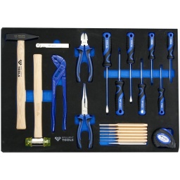 Module brilliant tools 21 pièces
4 tournevis plats : 0,6x3 - 0,8x4 - 1,0x5,5 - 1,2x6,5 mm
3 tournevis Philips : PH0 - PH1 - PH2
1 pince coupante : 160 mm
1 pince à bec long : 200 mm
1 marteau à manche en bois : 300 mm
1 maillet à manche en bois : 300 mm
1 pince multiprise : 250 mm
6 chasse-goupilles : Ø 2 - 3 - 4 - 5 - 6 - 8 mm
1 poiçon central : 150 mm
1 mètre ruban : 3 m
1 extention 
Dimensions module mousse 560x390mm