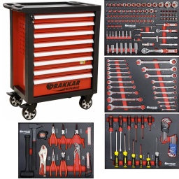 Avec 4 modules mousse finition carbone pleins.
Servante vide réf.09203 :
Plan de travail en ABS avec empreinte pour 6 tournevis, 2 aérosols.
Poignée ergonomique intégrée dans le plan de travail.
Fermeture à clé centralisée - Ouverture sélective des tiroirs.
Blocage individuel des tiroirs.
Dimension intérieure des tiroirs : 530x390mm.
Charge maxi par tiroir : - petit 15kg - grand 25kg.
4 roues Ø 125mm : 2 fixes - 2 pivotantes avec frein.

Composition :
TIROIR 1 :
Module réf.84280 (110pcs) :
-​55 douilles ¼''
-55 douilles ½''

TIROIR 2:
Module réf.84283 (20pcs) :
-8 clés mixtes droites à cliquet de 8 à 21mm
-12 clés mixtes de 7 à 24mm full polish

TIROIR 3:

Module réf.84281 (31pcs) :
-3 plaques de tournevis avec écrou (5,5x150-8x150-10x200)
-2 tournevis plat mécanicien ( 3,5x75-4x100)
-1 tournevis plat tom pouce 4x38mm
-1 tournevis Phillips® tom pouce PH2 38 mm
-2 tournevis Phillips® avec écrou PH2-PH3
-2 tournevis Phillips® PH0-PH1
-1 tournevis Phillips® porte embout magnétique 1/4"
-9 clés Torx® alésées longues de TT10 à TT50
-10 clés mâles hexagonales longues de 1,5 à 10mm

TIROIR 4:
Module réf.84282 (15pcs) :
-1 pince coudée 200mm demi-ronde bi-matière réf.13741
-1 pince multiprise 240mm gainée réf.13748
-1 pince coupante 180mm à forte démultiplication bi-matière réf.13745
-1 pince droite 200mm demi-ronde bi-matière réf.13737
-1 maillet anti-rebond 45mm réf.12815
-1 marteau rivoir 30mm 620g avec manche fibre réf.12806
-1 pince droite 180mm pour circlips intérieur 19/60mm gainée réf.12531
-1 pince étau 250mm réf.14739
-1 cutter 18mm auto-bloquant bi-matière réf.15848
-5 lames sécables de 18m réf.15852
-1 mètre ruban 3m 16mm réf.14360
Dimensions
770x465x970mm

Poids article
78KG