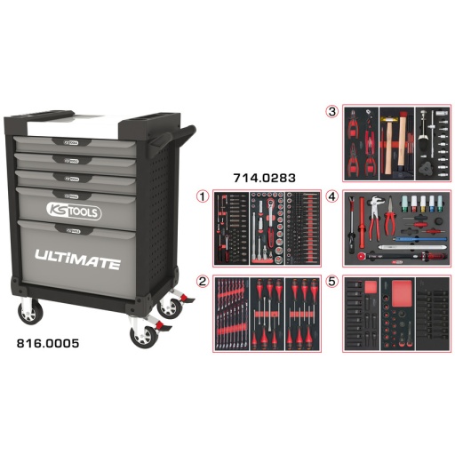 Servante ULTIMATE grise et noire 5 tiroirs équipée de 283 outils