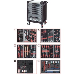 Servante d'atelier 7 tiroirs Ultimate
- Composition 231 outils pour mécanicien automobile
Tiroir 1 : Douille 1/4 - douille 1/2 - clé cliquet réversible
Tiroir 2: pinces, martellerie, clés pipes
Tiroir 3: clé à choc monster 1708Nm + douilles chocs 6 pans, allen, torx
Tiroir 4: clés mixte, clés demi lune
Tiroir 5: tournevis plats, cruciformes, torx, jeux clé allen et torx
Tiroir 6: clé dynamométrique 20-200Nm + essentiel démontage pneus (tire valve, démonte obus, démonte pneus...)
la servante d'atelier kstools. série ultimate. est le modèle de desserte d'atelier. le plus haut de gamme  de la marque. ks tools. 
les tiroirs de la servante d'atelier ultimate, possedent un système de glissière à roulements à billes (résistance 45kg). Equipé du système "one by one"., ouverture d'un seul tiroir a la fois, vous pouvez deplacer votre servante d'atelier sans forcement l'a fermer a clé !
Les tiroirs de cette servante ont une grande capacité. 40cm de profondeur par 57cm de largeur, tout les tiroirs de cette servante d'atelier sont fournis avec un tapis mousse, a installer au fond. 
Le plan de travail des servantes d'atelier Ultimate est recouvert d'un plateau inox et de boitier "range visserie" sur les cotés,
Au niveau du chassis, les pans de cette servante d'atelier sont perfores, se qui vous permet l'instalation de nombreuses options. tel que. un dérouleur de papier, des crochets de fixations...
Cette gamme  de servante d'atelier repond parfaitement au rangement pour le mécanicien, carrossier, mais aussi pour les métiers de l'industrie (rangement d'outils de tours / fraiseuse...) ainsi que des domaines tel que le medical. l'aéronotique...
- construction a pans coupés renforçant la structure du bati
- système "one by one" antibasculement 
- panneau lateral déporté et pré-percé pour fixation de crochet et accessoires
- 2 roues fixes grand diamètre pour une meilleure stabilite et un déplacement aise sur tous types de sols
- 2 roues pivotantes avec système de freinage total
- plan de travail avec rangements et recouvert inox
- tiroirs sur glissieres à billes extra-resistant (45 kg par tiroir)
- tiroirs à ouverture totale
- fermeture totale et simultanee des tiroirs par serrure 
- poignée tubulaire de manutention
- finition "Ultimate"
Module 54 pièces douilles et accessoires 1/4’’ KS TOOLS   Référence: 713.1020                     
Chrome vanadium de haute qualité garantie à vie*.
- Cliquet réversible 72 dents
- 1x Poignée emmanchée 1/4’’
- 2x Rallonges 1/4’’ : L. 50 mm et L. 100 mm
- 1x Rallonge flexible : L. 150 mm
- 1x Poignée coulissante T : L. 115 mm
- 1x Cardan universel 1/4"
- 13x Douilles 1/4’’ : 4 - 4,5 - 5 - 5,5 - 6 - 7 - 8 - 9 - 10 - 11 - 12 - 13 - 14 mm
- 8x Douille longue 1/4" : 6 - 7 - 8 - 9 - 10 - 11 - 12 - 13
- 1x Porte embout 1/4" 
- 3x Embouts de vissage Fente 4 - 5,5 - 8 mm 
- 3x Embouts de vissage PHILLIPS® PH 1 - PH 2 - PH3 
- 2x Embouts de vissage POZIDRIV® PZ 1 - PZ 2 
- 6x Embouts de vissage 6 pans : 3 - 4 - 5 - 6 - 7 - 8  mm
- 7x Embouts de vissage TORX® profil E T10 - T15 - T20 - T25 - T27 - T30 - T40
​- 4x Embouts de vissage 12 pans : M4 - M5 - M6 - M8 
Module de douilles et accessoires ULTIMATE 1/2'' , 24 pièces KS TOOLS  Référence : 713.1024   
- 1 x Cliquet réversible 72 dents
- 2 x Rallonges : 125 - 250 mm
- 1 x Cardan universel 1/2"
- 1 x Bague coulissante 3/8" x 1/2"
- 17 x Douilles : 10 - 11 - 12 - 13 - 14 - 15 - 16 - 17 - 18 - 19 - 20 - 21 - 22 - 24 - 27 - 30 - 32 mm
- 2 x Douilles longues : 16 - 21 mm
Module de clés mixtes à cliquet réversible GEARplus avec adaptateurs, 16 pièces KS TOOLS  Référence : 713.2027     
- 12 x Clés mixtes : 8 - 9 - 10 - 11 - 12 - 13 - 14 - 15 - 16 - 17 - 18 - 19 mm
- 1 x Adaptateur pour embout de vissage : 1/4"
- 3 x Adaptateurs à verrouillage pour douilles : 1/4" - 3/8" - 1/2"
Module de clés mixtes ULTIMATE, 17 pièces KS TOOLS Référence : 713.2017    
Composition : 
- 17 x Clés mixtes : 6 - 7 - 8 - 9 - 10 - 11 - 12 - 13 - 14 - 15 - 16 - 17 - 18 - 19 - 20 - 21 - 22 mm
Module de clés mixtes ULTIMATE, 5 pièces KS TOOLS  Référence : 713.2015   
- 5 x Clés mixtes : 24 - 27 - 29 - 30 - 32 mm
Module de clés polygonales demi-lunes, 5 pièces KS TOOLS  Référence : 783.2005   
- 5 x Clés polygonales demi-lune : 10x12 - 11x13 - 14x17 - 16x18 - 19x22 mm
Module de pinces, 4 pièces KS TOOLS   Référence : 713.4014   
- 1 x Pince coupante diagonale : L. 160 mm
- 1 x Pince universelle : L. 180 mm
- 1 x Pince à bec demi-rond : L. 200 mm
- 1 x Pince multiprises à verrouillage : L. 250 mm
Module d'outils de frappe manche bois, 9 pièces KS TOOLS   Référence : 713.1101   
- 1 x Burin de carossier extra-plat : 250 mm
- 6 x Chasse goupilles brunis : 3 - 4 - 5 - 6 - 10 mm
- 1 x Marteau rivoir : 600g
- 1 x Maillet à embouts plastique interchangeables : 340g
Module de clés à pipe débouchées - 6 pans, 11 pièces KS TOOLS   Référence : 713.2011   
- 11 x Clés à pipe débouchées : 8 - 10 - 11 - 12 - 13 - 14 - 15 - 16 - 17 - 18 - 19 mm 
Module de vissage, 28 pièces KS TOOLS  Référence : 712.5028   
- 1 x Tournevis ULTIMATE tom pouce Fente : 6,5 mm
- 3 x Tournevis ULTIMATE Fente : 3,5 - 5,5 - 8 mm
- 1 x Tournevis ULTIMATE tom pouce PHILLIPS : PH2
- 3 x Tournevis ULTIMATE PHILLIPS : PH1 - PH2 - PH3
- 1 x Tournevis ULTIMATE tom pouce PROZIDRIV : PZ2
- 3 x Tournevis ULTIMATE POZIDRIV : PZ1 - PZ2 - PZ3
- 1 x Jeu de clés mâles 6 pans à tête sphérique longues : 2 - 2,5 - 3 - 4 - 5 - 6 - 8 - 10 mm
- 1 x Jeu de clés mâles TORX longues : T10 - T15 - T20 - T25 - T30 - T40 - T45 - T50
Module de tournevis ULTIMATE TORX, 6 pièces KS TOOLS  Référence : 713.5013 
- 6 x Tournevis ULTIMATE TORX : T10 - T15 - T20 - T25 - T30 - T40 
Module de douilles et clé à chocs pneumatique 1/2'', 20 pièces KS TOOLS  Référence: 712.1020   
- 1x Clé à chocs pneumatique 1/2’’ 1690Nm
- 14x douilles à choc : 12 - 13 - 14 - 15 - 16 - 17 - 18 - 19 - 21 - 22 - 24 - 27 - 30 - 32 mm
- 3x douilles à choc pour jante alu : 17 - 19 - 21 mm
- 1x rallonge à choc 1/2"
- 1x cardan à choc 125mm 
Module de douilles à chocs 1/2'', 16 pièces KS TOOLS  Référence: 713.1016   
- 8 x Douilles tournevis à choc TORX® 1/2’’: T30 - T40 - T45 - T50 - T55 - T60 - T70 - T80
- 8 x Douilles tournevis à choc 6 pans 1/2’’: 5 - 6 - 8 - 10 - 12 - 14 - 17 - 19 mm
- poids 57kg
- dimension hors tout : l678xl459xh859 (hauteur avec roues 1035mm 
- roue dia 125mm larg 50mm 