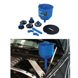 Jeu d'entonnoirs pour liquide de refroidissement incluant 5 bouchons adaptateurs pour divers véhicules, y compris les modèles Ford et Vauxhall/Opel. Les adaptateurs permettent à l'entonnoir de se raccorder directement au collecteur/réservoir d'expansion afin de fournir un moyen rapide et efficace de remplir ou de faire l'appoint du système de refroidissement, la vanne d'arrêt aidant à réduire le remplissage excessif et les déversements de liquide de refroidissement.

Pour un remplissage rapide et facile du liquide de refroidissement sur une large gamme de voitures et fourgons.
Le jeu comprend : 1 entonnoir avec vanne d'arrêt et couvercle. 3 adaptateurs à baïonnette. 1 adaptateur fileté pour les véhicules du groupe GM. 1 adaptateur fileté pour les véhicules Ford.
Également inclus : 1 tuyau de rallonge et 2 adaptateurs à 45 degrés pour accéder aux points de remplissage difficiles à atteindre.
En plastique ABS avec des inserts de capuchon à baïonnette et ressorts en acier, joints toriques en caoutchouc.