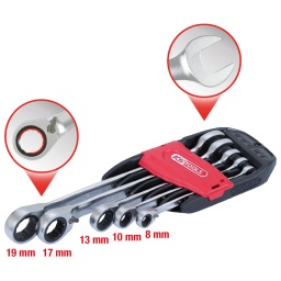 Système FlankTraction
Selon DIN 3113 / ISO 3318
Angle de fourche 15°
Tête de cliquet inclinée à 15°
Cliquet réversible
Finition satinée
Chrome Vanadium
Coffret robuste en matière plastique