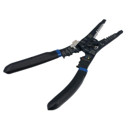 Outil multifonctionnel permettant le dénudage, le sertissage et la coupe, avec poignées à ressort et à double trempage pour éviter la fatigue des mains. 
Doté d'un nez denté étroit pour la préhension, d'une pince à dénuder, d'un coupe-fil, d'un coupe-boulon/vis et d'une pince à sertir les cosses, ainsi que de poignées à ressort et d'un verrouillage de sécurité. 
Convient aux mécaniciens, aux électriciens, aux électriciens automobiles et aux bricoleurs.

Outil multifonctionnel 3-en-1 pour dénuder, sertir et couper.
Longueur totale : 225 mm.
Plages : Dénudage : 0,5, 0,75/1, 1,5, 2,5, 4, 6 mm² ; coupe-boulon : M2.6, M3, M3.5, M4, M5 ; Sertissage : Rouge (0,35-1,0 mm²), Bleu/Jaune (1,5-6,0 mm²), isolé et non isolé, allumage (7-8 mm²).
Poignées à prise confortable à ressort avec fonction de verrouillage.
Des coupe-câbles sont également disponibles, voir la référence 8782.