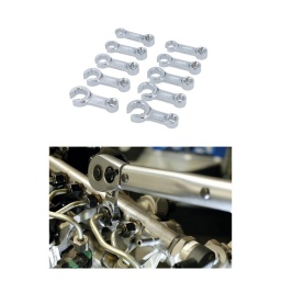 Jeu de dix adaptateurs pour clé dynamométrique, avec un profil ouvert à 12 pans, de tailles 10 mm à 19 mm, permettant l'utilisation d'une clé dynamométrique à carré de 3/8" pour le serrage d'un écrou évasé ou d'un capteur câblé au couple correct. 
Remarque : les réglages de couple doivent être recalculés pour tenir compte de la longueur supplémentaire de ces rallonges. 
Fourni dans un plateau en mousse EVA, conçu pour s'adapter aux tiroirs de servantes à roulettes, ce qui permet de garder les adaptateurs propres, bien rangés et prêts à l'emploi.

Profil à carré de 3/8" x 12 pans ; plage de longueur : 68 - 76 mm.
Tailles : 10, 11, 12, 13, 14, 15, 16, 17, 18 et 19 mm.
En chrome-vanadium (50BV30) avec fini miroir chromé.
Présenté dans un plateau de rangement en mousse EVA (22 x 180 x 202 mm).
REMARQUE : Le réglage du couple doit être ajusté pour permettre l'augmentation effective de la longueur de l'effet de levier.