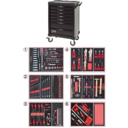 Servante d'atelier ks tools 7 tiroirs
- tiroir ouverture one by one antibasculement
- système fermeture centralisee par serrure
- plan de travail avec range visseries
- 4 roues robustes 125mm (2 directionelles avec freins)
- dimensions :
h 1016 x l 680 x p 455mm triroirs 
6 x h55xl565xp405mm 1 xh205xl565xp405mm charge par tiroirs 45kg
poids vide de la servante 54.5kg
résistance statique 500kg
servante atelier de la marque ks tools. avec noir complet du plus belle effet. parfaite pour une utilisation dans les milieux salissants (garage. industrie...)
Composition : 
Module de douilles et accessoires 1/4'' - 3/8'' - 1/2"". 175 pièces ref : 711.1011 finition mat 
- 3 x Cliquets 72 dents bi-matière 1/4’’- 3/8’’- 1/2’’
- 1 x Poignée emmanchée traversante 1/4"
- 2 x Rallonges articulée 1/4’’ 50 - 100 mm
- 1 x Rallonge flexible 1/4" 150 mm 
- 1 x T de force 1/4" 110mm
- 1 x Rallonge articulée 3/8’’ 150 mm
- 2 x Rallonges articulée 1/2’’ 125 - 250 mm
- 3 x Cardans 1/4’’ - 3/8’’- 1/2’’
- 2 x Réducteur 1/2" F 3/8" m
- 13 x Douilles 1/4" : 4 - 4.5 - 5 - 5.5 - 6 - 7 - 8 - 9 - 10 - 11 - 12 - 13 - 14mm
- 7 x Douilles longues 1/4" : 4 - 5 - 6 - 7 - 8 - 9 - 10 mm 
- 5 x Douilles TORX E 1/4" : E4 - E5 - E6 - E7 - E8
- 4 x Douilles embout fente 1/4" : E4 - E5 - E6 - E7 - E8 mm
- 3 x Douilles embout PHILIPPS 1/4" : PH1 - PH2 (x2)
- 3 x Douilles embout PROZIDRIV 1/4" : PZ1 - PZ2 (x2)
- 4 x Douilles embout 6 pans mâles 1/4" : 3 - 4 - 5 - 6 mm
- 8 x Douilles embout TORX 1/4" : T8 - T9 - T10 - T15 - T20 - T25 - T27 - T30
- 7 x Douilles embout TORX percé 1/4" : T8 - T10 - T15 - T20 - T25 - T27 - T30
- 10 x Douilles 3/8" : 10 - 11 - 12 - 13 - 14 - 15 mm
- 6 x Douilles longues 3/8" : 10 - 11 - 12 - 13 - 14 - 15 mm
- 6 x Douilles TORX 3/8" : E10 - E11 - E12 - E14 - E16 - E18 
- 1 x Douille 6 pans 3/8" : 18 mm
- 18 x Douilles 1/2" : 10 - 11 - 12 - 13 - 14 - 15 - 16 - 17 - 18 - 19 - 20 - 21 - 22 - 24 - 27 - 30 - 32 - 34 mm 
- 5 x Douilles longues 1/2" : 16 - 17 - 18 - 19 - 22 mm
- 2 x Douilles TORX 1/2" : E20 - E24
- 1 x Douille porte embout : 1/4" x 1/4"
- 2 x Douilles porte embout : 3/8" x 5/16" et 1/2" x 5/16"
Module de clés mixtes ULTIMATE. 17 pièces ref : 713.2017 
- 17 x Clés mixtes : 6 - 7 - 8 - 9 - 10 - 11 - 12 - 13 - 14 - 15 - 16 - 17 - 18 - 19 - 20 - 21 - 22 mm
Module de clés mixtes ULTIMATE. 5 pièces ref : 713.2015
- 5 x Clés mixtes : 24 - 27 - 29 - 30 - 32 mm
Module d'embouts de vissage et douilles TORX. 88 pièces ref : 713.5010 
- 5 x Douilles TORX 1/4" : E4 - E5 - E6 - E7 - E8
- 4 x Douilles TORX 3/8" : E10 - E11 - E12 - E14
- 3 x Douilles TORX 1/2" : E16 - E18 - E20
- 1 x Douille porte-embouts 1/4" x 1/4"
- 2 x Douilles porte-embouts : 3/8" - 10 mm et 1/2" - 10 mm
- 1 x Rallonge : 30 mm
- 3 x Embouts de vissage Fente : 25 mm x (5.5 - 6.5 - 8.0 mm)
- 3 x Embouts de vissage PHILLIPS : 25 mm x (PH1 - PH2 - PH3)
- 6 x Embouts de vissage PROZIDRIV : 25 mm x (PZ1 - 2 x PZ2 - 3 x PZ3)
- 3 x Embouts de vissage 6 pans : 25 mm x (4 - 5 - 6 mm)
- 15 x Embouts de vissage TORX percé : 25 mm x (2 x T10 - 3 x T15 - 2 x T20 - 3 x T25 - 3 x T30 - 2 x T40)
- 2 x Embouts de vissage Fente : 30 mm x (8 - 10 mm)
- 2 x Embouts de vissage PHILLIPS : 30 mm x (PH2 - PH3)
- 7 x Embouts de vissage 6 pans : 30 mm x (4 - 5 - 6 - 7 - 8 - 10 - 12 mm)
- 9 x Embouts de vissage TORX percé : 30 mm x (T20 - T25 - T27 - T30 - T40 - T45 - T50 - T55 - T60)
- 5 x Embouts de vissage 12 pans : 30 mm (M5 - bM6 - M10 - M12)
- 5 x Embouts longs 6 pans : 75 mm x (5 - 6 - 7 - 8 - 10 mm)
- 8 x Embouts longs TORX percé : 75 mm x (T20 - T25 - T27 - T30 - T40 - T50 - T55 - T60)
- 4 x Embouts longs 12 pans : 75 mm x (M6 - M8 - M10 - M12)
Module de vissage. 28 pièces ref : 712.5028 
- 1 x Tournevis ULTIMATE tom pouce Fente : 6.5 mm
- 3 x Tournevis ULTIMATE Fente : 3.5 - 5.5 - 8 mm
- 1 x Tournevis ULTIMATE tom pouce PHILLIPS : PH2
- 3 x Tournevis ULTIMATE PHILLIPS : PH1 - PH2 - PH3
- 1 x Tournevis ULTIMATE tom pouce PROZIDRIV : PZ2
- 3 x Tournevis ULTIMATE PROZIDRIV : PZ1 - PZ2 - PZ3
- 1 x Jeu de clés mâles 6 pans à tête sphérique longues : 2 - 2.5 - 3 - 4 - 5 - 6 - 8 - 10 mm
- 1 x Jeu de clés mâles TORX longues : T10 - T15 - T20 - T25 - T30 - T40 - T45 - T50
Module de vissage. 100 pièces ref : 713.5011 
- 1 x Cliquet réversible 1/4" 
- 1 x Embout de vissage : 50 mm
- 1 x Embout de vissage : 100 mm
- 1 x Rallonge flexible porte-embout : 190 mm
- 1 x Douille porte-embouts : 1/4" x 1/4"
- 1 x Rallonge : 1/4"
- 9 x Embouts de vissage Fente : 25 mm x (3 - 4 - 4.5 - 5 - 5.5 - 6 - 6.5 - 7 - 8 mm) 
- 4 x Embouts de vissage PHILLIPS : 25 mm x (PH0 - PH1 - PH2 - PH3)
- 4 x Embouts de vissage PROZIDRIV : 25 mm x (PZ0 - PZ1 - PZ2 - PZ3)
- 9 x Embouts de vissage 6 pans : 25 mm x (1.5 - 2 - 2.5 - 3 - 4 - 5 - 5.5 - 6 - 8 mm)
- 3 x Embouts de vissage 6 pans : 75 mm x (4 - 5 - 6 mm)
- 9 x Embouts de vissage TORX : 25 mm x (T8 - T10 - T15 - T20 - T25 - T27 - T30 - T40 - T45)
- 9 x Embouts de vissage TORX percé : 25 mm x (T8 - T10 - T15 - T20 - T25 - T27 - T30 - T35 - T40)
- 3 x Embouts de vissage TORX percé : 75 mm x (T15 - T20 - T30)
- 3 x Embouts de vissage 12 pans : 25 mm x (M5 - M6 - M8)
- 4 x Embouts de vissage TRIWING : 25 mm x (#1 - #2 - #3 - #4)
- 4 x Embouts de vissage TRIWING : 75 mm x (#1 - #2 - #3 - #4)
- 3 x Embouts de vissage Torque SET : 25 mm x (6 - 8 - 10 mm)
- 3 x Embouts de vissage Torque SET : 75 mm x (6 - 8 - 10 mm)
- 3 x Embouts de vissage PAPILLON : 25 mm x (#1 - #2 - #3)
- 4 x Embouts de vissage SPANNER : 25 mm x (4 - 6 - 8 - 10 mm)
- 4 x Embouts de vissage SPANNER : 75 mm x (4 - 6 - 8 - 10 mm)
- 4 x Embouts de vissage Carré 4 pans : 25 mm x (#0 - #1 - #2 - #3)
- 12 x Embouts de vissage 6 pans percé : 25 mm x (2 - 2.5 - 3 - 4 - 5 - 6 mm - 5/32" - 9/64" - 1/8" - 7/64" - 3/32" - 5/64")
Module de pinces. 4 pièces ref : 713.4014 
- 1 x Pince coupante diagonale : L. 160 mm
- 1 x Pince universelle : L. 180 mm
- 1 x Pince à bec demi-rond : L. 200 mm
- 1 x Pince multiprises à verrouillage : L. 250 mm
Module de pinces étaux GRIPfix Xtreme. 3 pièces ref : 713.1003 
- 2 x Pinces étaux GRIPfix Xtreme : 175 - 250 mm
- 1 x Pince étau auto-ajustable à bec long : 150 mm
Module de 6 pinces à Circlips ref : 713.5006 
- 2 x Pinces à joncs extérieur : 10 - 25 mm. 19 - 60 mm
- 1 x Pince extérieur coudée : 16 - 60 mm
- 2 x Pinces intérieur droites : 12 - 25 mm. 19 - 60 mm
- 1 x Pince intérieur coudée : 19 - 60 mm
Module d'outils de mesure. 7 pièces ref : 713.8007 
- 1 x Calibre à coulisse digital : 0 - 150 mm
- 1 x Réglet flexible : 300 - 13 mm
- 1 x Mètre à ruban : 5 m x 19 mm
- 1 x Pointe à tracer en carbure à corps 6 pans : 145 mm
- 1 x Jauge de filetage : 0.40 - 6 mm - ISO
- 1 x Jauge d'épaisseur : 0.05 - 1 mm
- 1 x Aimant magnétique : 130 - 630 mm
Module de limes demi-douces. 4 pièces ref : 713.3004 
- 1 x Râpe plate emmanchée : 200 mm
- 1 x Râpe demi-onde emmanchée : 200mm
- 1 x Râpe ronde emmanchée : 200 mm
- 1 x Râpe triangulaire emmanchée : 200 mm
Module d'outils de frappe manche bois. 9 pièces ref : 713.1101 
- 1 x Burin de carossier extra-plat : 250 mm
- 6 x Chasse goupilles brunis : 3 - 4 - 5 - 6 - 10 mm
- 1 x Marteau rivoir : 600g
- 1 x Maillet à embouts plastique interchangeables : 340g
Module d'outils de coupe. 8 pièces ref : 712.9009 
- 1 x Monture de scie métallique : 300 mm
- 1 x Tenailles russes gainées : 190 mm
- 1 x Cutter universel à lame sécable
- 1 x Lames de rechange : 10 x 18 mm
- 1 x Ciseaux d'électricien
- 1 x Grattoir à lame rétractable
- 1 x Grattoir emmanché désaxé
- 1 x Grattoir à lame inox 
Module vide 1/3 - 1 compartiment ref : 713.1300 