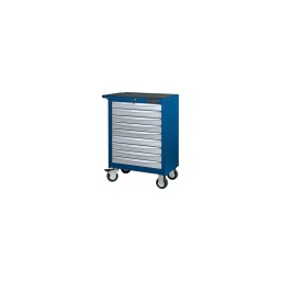 Servante d'atelier 9 tiroirs

- construction a pans coupes renforcant la structure du bati
- 2 roues fixes grand diamètre pour une meilleure stabilite et un déplacement aise sur tous types de sols
- 2 roues pivotantes avec système de freinage total
- plan de travail anti-derapant
- tiroirs sur glissieres à billes extra-resistant (45 kg par tiroir)
- tiroirs à ouverture totale
- blocage des tiroirs en position fermee. système d'arret a tiroirs
- fermeture totale et simultanee des tiroirs par serrure 
- poignée tubulaire de manutention
- finition "blue line"

- poids 60kg
- dimension hors tout : l696xl531xh809

