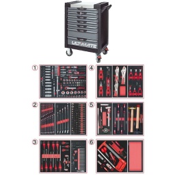 Servante d'atelier 7 tiroirs Ultimate
- Composition 452 outils
Tiroir 1 : Douille 1/4 - Douille 3/8 - Douille 1/2 - douille torx femelle et embouts 10mm torx, allen, xzn (finition mat)
Tiroir 2:  douilles torx femelle embout 10mm, clés mixtes
Tiroir 3: tournevis plat et cruciforme, embouts de vissages
Tiroir 4: pinces , etaux, circlips
Trioir 5: pied à coulisse, limes, martelleries
Tiroir 6 : monture de scie, tenaille, module de rangement
Servante d'atelier kstools. série ultimate. est le modèle de desserte d'atelier. le plus haut de gamme  de la marque. ks tools. 
les tiroirs de la servante d'atelier ultimate, possedent un système de glissière à roulements à billes (résistance 45kg). Equipé du système "one by one"., ouverture d'un seul tiroir a la fois, vous pouvez deplacer votre servante d'atelier sans forcement l'a fermer a clé !
Les tiroirs de cette servante ont une grande capacité. 40cm de profondeur par 57cm de largeur, tout les tiroirs de cette servante d'atelier sont fournis avec un tapis mousse, a installer au fond. 
Le plan de travail des servantes d'atelier Ultimate est recouvert d'un plateau inox et de boitier "range visserie" sur les cotés,
Au niveau du chassis, les pans de cette servante d'atelier sont perfores, se qui vous permet l'instalation de nombreuses options. tel que. un dérouleur de papier, des crochets de fixations...
Cette gamme  de servante d'atelier repond parfaitement au rangement pour le mécanicien, carrossier, mais aussi pour les métiers de l'industrie (rangement d'outils de tours / fraiseuse...) ainsi que des domaines tel que le medical. l'aéronotique...
- construction a pans coupés renforçant la structure du bati
- système "one by one" antibasculement 
- panneau lateral déporté et pré-percé pour fixation de crochet et accessoires
- 2 roues fixes grand diamètre pour une meilleure stabilite et un déplacement aise sur tous types de sols
- 2 roues pivotantes avec système de freinage total
- plan de travail avec rangements et recouvert inox
- tiroirs sur glissieres à billes extra-resistant (45 kg par tiroir)
- tiroirs à ouverture totale
- fermeture totale et simultanee des tiroirs par serrure 
- poignée tubulaire de manutention
- finition "Ultimate"
Composition : 
Module de douilles et accessoires 1/4'' - 3/8'' - 1/2"", 175 pièces ref : 711.1011 finition mat   
- 3 x Cliquets 72 dents bi-matière 1/4’’- 3/8’’- 1/2’’
- 1 x Poignée emmanchée traversante 1/4"
- 2 x Rallonges articulée 1/4’’ 50 - 100 mm
- 1 x Rallonge flexible 1/4" 150 mm 
- 1 x T de force 1/4" 110mm
- 1 x Rallonge articulée 3/8’’  150 mm
- 2 x Rallonges articulée 1/2’’ 125 - 250 mm
- 3 x Cardans 1/4’’ - 3/8’’- 1/2’’
- 2 x Réducteur 1/2" F 3/8" m
- 13 x Douilles 1/4" : 4 - 4,5 - 5 - 5,5 - 6 - 7 - 8 - 9 - 10 - 11 - 12 - 13 - 14mm
- 7 x Douilles longues 1/4" : 4 - 5 - 6 - 7 - 8 - 9 - 10 mm 
- 5 x Douilles TORX E 1/4" : E4 - E5 - E6 - E7 - E8
- 4 x Douilles embout fente  1/4" : E4 - E5 - E6 - E7 - E8 mm
- 3 x Douilles embout PHILIPPS 1/4" : PH1 - PH2 (x2)
- 3 x Douilles embout PROZIDRIV 1/4" : PZ1 - PZ2 (x2)
- 4 x Douilles embout 6 pans mâles 1/4" : 3 - 4 - 5 - 6 mm
- 8 x Douilles embout TORX 1/4" : T8 - T9 - T10 - T15 - T20 - T25 - T27 - T30
- 7 x Douilles embout TORX percé 1/4" : T8 - T10 - T15 - T20 - T25 - T27 - T30
- 10 x Douilles 3/8" : 10 - 11 - 12 - 13 - 14 - 15 mm
- 6 x Douilles longues 3/8" : 10 - 11 - 12 - 13 - 14 - 15 mm
- 6 x Douilles TORX 3/8" : E10 - E11 - E12 - E14 - E16 - E18 
- 1 x Douille 6 pans 3/8" : 18 mm
- 18 x  Douilles 1/2" : 10 - 11 - 12 - 13 - 14 - 15 - 16 - 17 - 18 - 19 - 20 - 21 - 22 - 24 - 27 - 30 - 32 - 34 mm 
- 5 x Douilles longues 1/2" : 16 - 17 - 18 - 19 - 22 mm
- 2 x Douilles TORX 1/2" : E20 - E24
- 1 x Douille porte embout : 1/4" x 1/4"
- 2 x Douilles porte embout : 3/8" x 5/16" et 1/2" x 5/16"
Module de clés mixtes ULTIMATE, 17 pièces ref : 713.2017 
- 17 x Clés mixtes : 6 - 7 - 8 - 9 - 10 - 11 - 12 - 13 - 14 - 15 - 16 - 17 - 18 - 19 - 20 - 21 - 22 mm
Module de clés mixtes ULTIMATE, 5 pièces ref : 713.2015
- 5 x Clés mixtes : 24 - 27 - 29 - 30 - 32 mm
Module d'embouts de vissage et douilles TORX, 88 pièces ref : 713.5010  
- 5 x Douilles TORX 1/4" : E4 - E5 - E6 - E7 - E8
- 4 x Douilles TORX 3/8" : E10 - E11 - E12 - E14
- 3 x Douilles TORX 1/2" : E16 - E18 - E20
- 1 x Douille porte-embouts 1/4" x 1/4"
- 2 x Douilles porte-embouts : 3/8" - 10 mm et 1/2" - 10 mm
- 1 x Rallonge : 30 mm
- 3 x Embouts de vissage Fente : 25 mm x (5,5 - 6,5 - 8,0 mm)
- 3 x Embouts de vissage PHILLIPS : 25 mm x (PH1 - PH2 - PH3)
- 6 x Embouts de vissage PROZIDRIV : 25 mm x (PZ1 - 2 x PZ2 - 3 x PZ3)
- 3 x Embouts de vissage 6 pans : 25 mm x (4 - 5 - 6 mm)
- 15 x Embouts de vissage TORX percé : 25 mm x (2 x T10 - 3 x T15 - 2 x T20 - 3 x T25 - 3 x T30 - 2 x T40)
- 2 x Embouts de vissage Fente : 30 mm x (8 - 10 mm)
- 2 x Embouts de vissage PHILLIPS : 30 mm x (PH2 - PH3)
- 7 x Embouts de vissage 6 pans : 30 mm x (4 - 5 - 6 - 7 - 8 - 10 - 12 mm)
- 9 x Embouts de vissage TORX percé : 30 mm x (T20 - T25 - T27 - T30 - T40 - T45 - T50 - T55 - T60)
- 5 x Embouts de vissage 12 pans : 30 mm (M5 - bM6 - M10 - M12)
- 5 x Embouts longs 6 pans : 75 mm x (5 - 6 - 7 - 8 - 10 mm)
- 8 x Embouts longs TORX percé : 75 mm x (T20 - T25 - T27 - T30 - T40 - T50 - T55 - T60)
- 4 x Embouts longs 12 pans : 75 mm x (M6 - M8 - M10 - M12)
Module de vissage, 28 pièces ref : 712.5028  
- 1 x Tournevis ULTIMATE tom pouce Fente : 6,5 mm
- 3 x Tournevis ULTIMATE Fente : 3,5 - 5,5 - 8 mm
- 1 x Tournevis ULTIMATE tom pouce PHILLIPS : PH2
- 3 x Tournevis ULTIMATE PHILLIPS : PH1 - PH2 - PH3
- 1 x Tournevis ULTIMATE tom pouce PROZIDRIV : PZ2
- 3 x Tournevis ULTIMATE PROZIDRIV : PZ1 - PZ2 - PZ3
- 1 x Jeu de clés mâles 6 pans à tête sphérique longues : 2 - 2,5 - 3 - 4 - 5 - 6 - 8 - 10 mm
- 1 x Jeu de clés mâles TORX longues : T10 - T15 - T20 - T25 - T30 - T40 - T45 - T50
Module de vissage, 100 pièces ref : 713.5011   
- 1 x Cliquet réversible 1/4" 
- 1 x Embout de vissage : 50 mm
- 1 x Embout de vissage : 100 mm
- 1 x Rallonge flexible porte-embout : 190 mm
- 1 x Douille porte-embouts : 1/4" x 1/4"
- 1 x Rallonge : 1/4"
- 9 x Embouts de vissage Fente : 25 mm x (3 - 4 - 4,5 - 5 - 5,5 - 6 - 6,5 - 7 - 8 mm) 
- 4 x Embouts de vissage PHILLIPS : 25 mm x (PH0 - PH1 - PH2 - PH3)
- 4 x Embouts de vissage PROZIDRIV : 25 mm x (PZ0 - PZ1 - PZ2 - PZ3)
- 9 x Embouts de vissage 6 pans : 25 mm x (1,5 - 2 - 2,5 - 3 - 4 - 5 - 5,5 - 6 - 8 mm)
- 3 x Embouts de vissage 6 pans : 75 mm x (4 - 5 - 6 mm)
- 9 x Embouts de vissage TORX : 25 mm x (T8 - T10 - T15 - T20 - T25 - T27 - T30 - T40 - T45)
- 9 x Embouts de vissage TORX percé : 25 mm x (T8 - T10 - T15 - T20 - T25 - T27 - T30 - T35 - T40)
- 3 x Embouts de vissage TORX percé : 75 mm x (T15 - T20 - T30)
- 3 x Embouts de vissage 12 pans : 25 mm x (M5 - M6 - M8)
- 4 x Embouts de vissage TRIWING : 25 mm x (#1 - #2 - #3 - #4)
- 4 x Embouts de vissage TRIWING : 75 mm x (#1 - #2 - #3 - #4)
- 3 x Embouts de vissage Torque SET : 25 mm x (6 - 8 - 10 mm)
- 3 x Embouts de vissage Torque SET : 75 mm x (6 - 8 - 10 mm)
- 3 x Embouts de vissage PAPILLON : 25 mm x (#1 - #2 - #3)
- 4 x Embouts de vissage SPANNER : 25 mm x (4 - 6 - 8 - 10 mm)
- 4 x Embouts de vissage SPANNER : 75 mm x (4 - 6 - 8 - 10 mm)
- 4 x Embouts de vissage Carré 4 pans : 25 mm x (#0 - #1 - #2 - #3)
- 12 x Embouts de vissage 6 pans percé : 25 mm x (2 - 2,5 - 3 - 4 - 5 - 6 mm - 5/32" - 9/64" - 1/8" - 7/64" - 3/32" - 5/64")
Module de pinces, 4 pièces ref : 713.4014  
- 1 x Pince coupante diagonale : L. 160 mm
- 1 x Pince universelle : L. 180 mm
- 1 x Pince à bec demi-rond : L. 200 mm
- 1 x Pince multiprises à verrouillage : L. 250 mm
Module de pinces étaux GRIPfix Xtreme, 3 pièces ref : 713.1003  
- 2 x Pinces étaux GRIPfix Xtreme : 175 - 250 mm
- 1 x Pince  étau auto-ajustable à bec long : 150 mm
Module de 6 pinces à Circlips ref : 713.5006  
- 2 x Pinces à joncs extérieur : 10 - 25 mm, 19 - 60 mm
- 1 x Pince extérieur coudée : 16 - 60 mm
- 2 x Pinces intérieur droites : 12 - 25 mm, 19 - 60 mm
- 1 x Pince intérieur coudée : 19 - 60 mm
Module d'outils de mesure, 7 pièces ref : 713.8007  
- 1 x Calibre à coulisse digital : 0 - 150 mm
- 1 x Réglet flexible : 300 - 13 mm
- 1 x Mètre à ruban : 5 m x 19 mm
- 1 x Pointe à tracer en carbure à corps 6 pans : 145 mm
- 1 x Jauge de filetage : 0,40 - 6 mm - ISO
- 1 x Jauge d'épaisseur : 0,05 - 1 mm
- 1 x Aimant magnétique : 130 - 630 mm
Module de limes demi-douces, 4 pièces ref : 713.3004  
- 1 x Râpe plate emmanchée : 200 mm
- 1 x Râpe demi-onde emmanchée : 200mm
- 1 x Râpe ronde emmanchée : 200 mm
- 1 x Râpe triangulaire emmanchée : 200 mm
Module d'outils de frappe manche bois, 9 pièces ref : 713.1101    
- 1 x Burin de carossier extra-plat : 250 mm
- 6 x Chasse goupilles brunis : 3 - 4 - 5 - 6 - 10 mm
- 1 x Marteau rivoir : 600g
- 1 x Maillet à embouts plastique interchangeables : 340g
Module d'outils de coupe, 8 pièces ref : 712.9009  
- 1 x Monture de scie métallique : 300 mm
- 1 x Tenailles russes gainées : 190 mm
- 1 x Cutter universel à lame sécable
- 1 x Lames de rechange : 10 x 18 mm
- 1 x Ciseaux d'électricien
- 1 x Grattoir à lame rétractable
- 1 x Grattoir emmanché désaxé
- 1 x Grattoir à lame inox 
Module vide 1/3 - 1 compartiment ref : 713.1300 
- poids 57kg
- dimension hors tout : l678xl459xh859 (hauteur avec roues 1035mm 
- roue dia 125mm larg 50mm 