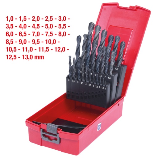 Coffret de forets HSS-R lamin&eacute;s 25 pcs en box PVC 1-13mm