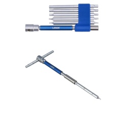 Kit de 6 pièces comprenant 5 embouts hexagonaux à double extrémité et un porte-embout rotatif combiné. 
Il suffit de sélectionner la taille d'embout requise et de l'adapter au support. 
Utilisez l'un des autres embouts pour former la poignée en T.

Solution compacte offrant la vitesse et la commodité d'un ensemble de 10 pièces hexagonales à poignée en T, mais dans un kit compact de 6 pièces. Idéal pour les boîtes à outils et pour une utilisation mobile là où l'espace est restreint.
5 embouts hexagonaux en chrome-vanadium à double extrémité de 1/4"x 105 mm de long, avec tailles : 1,5, 2,0, 2,5, 3,0, 3,5, 4,0, 4,5, 5,0, 5,5 et 6,0 mm.
1 porte-embout magnétique de 155 mm de long.
Utilisé pour visser les fixations rapidement et facilement à l'aide du manchon rotatif.
Un ensemble de porte-embout rotatif 3 modes à poignée en T et d'embouts étoile* est également disponible, voir la référence 9115.
